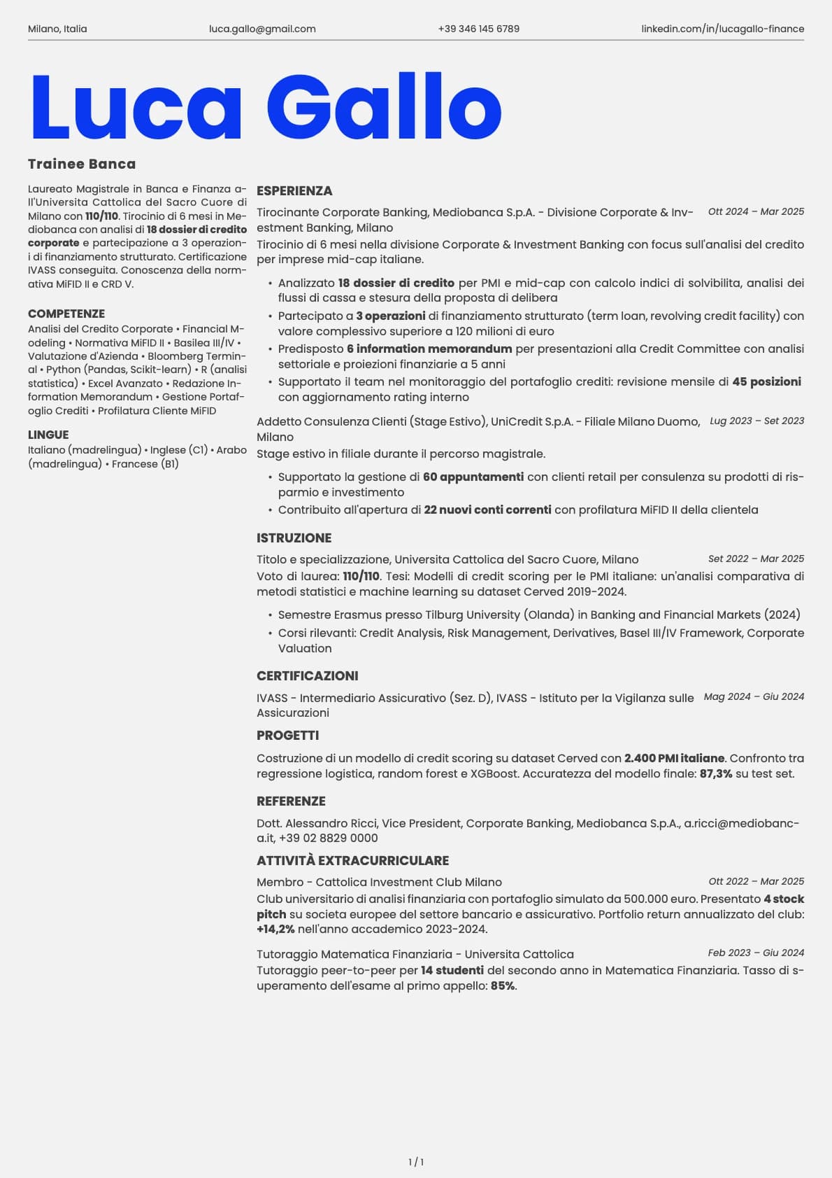 Trainee Banca resume example