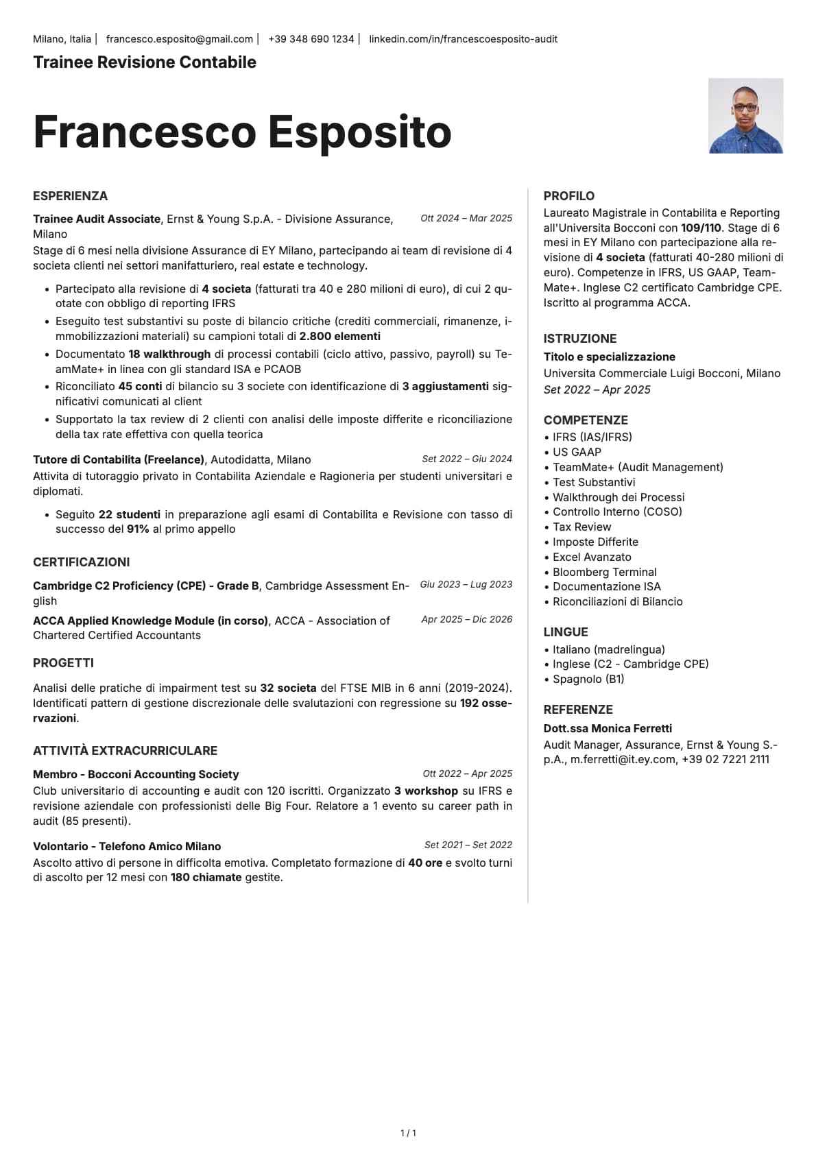 Trainee Revisione Contabile resume example