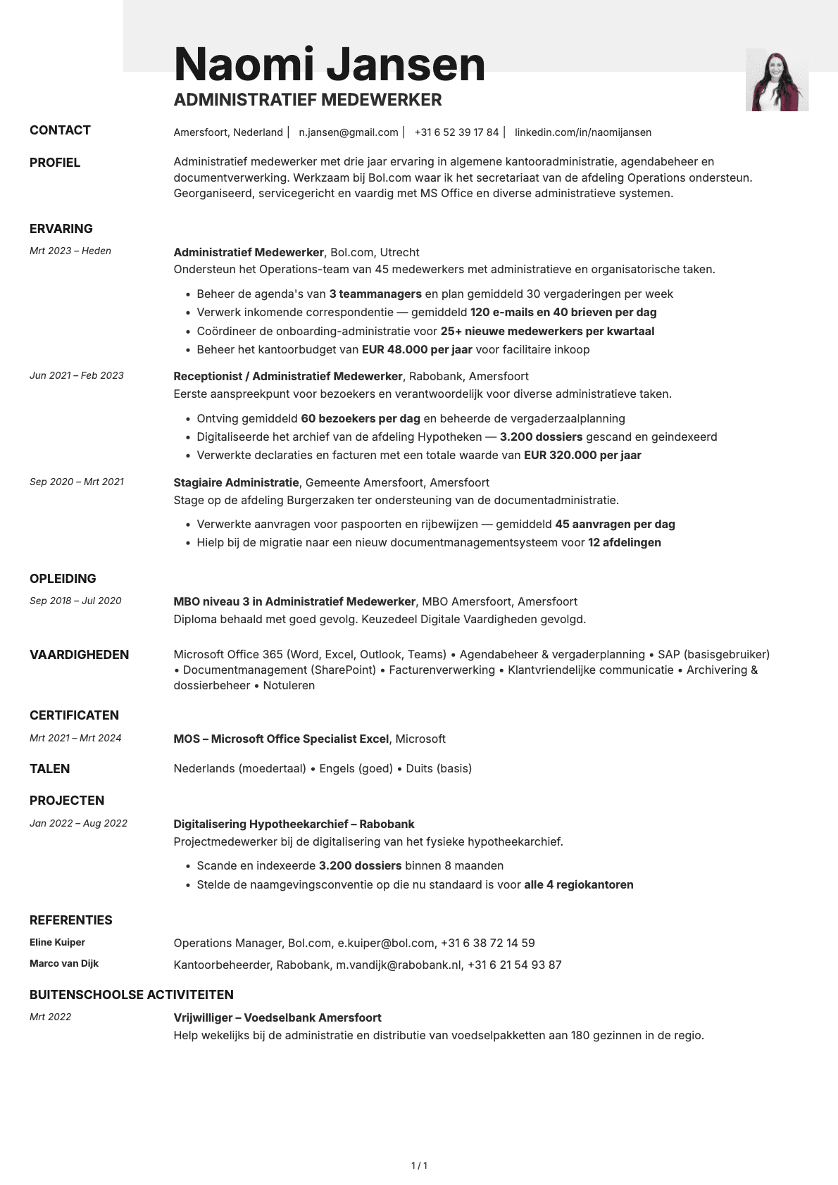 Administratief Medewerker resume example