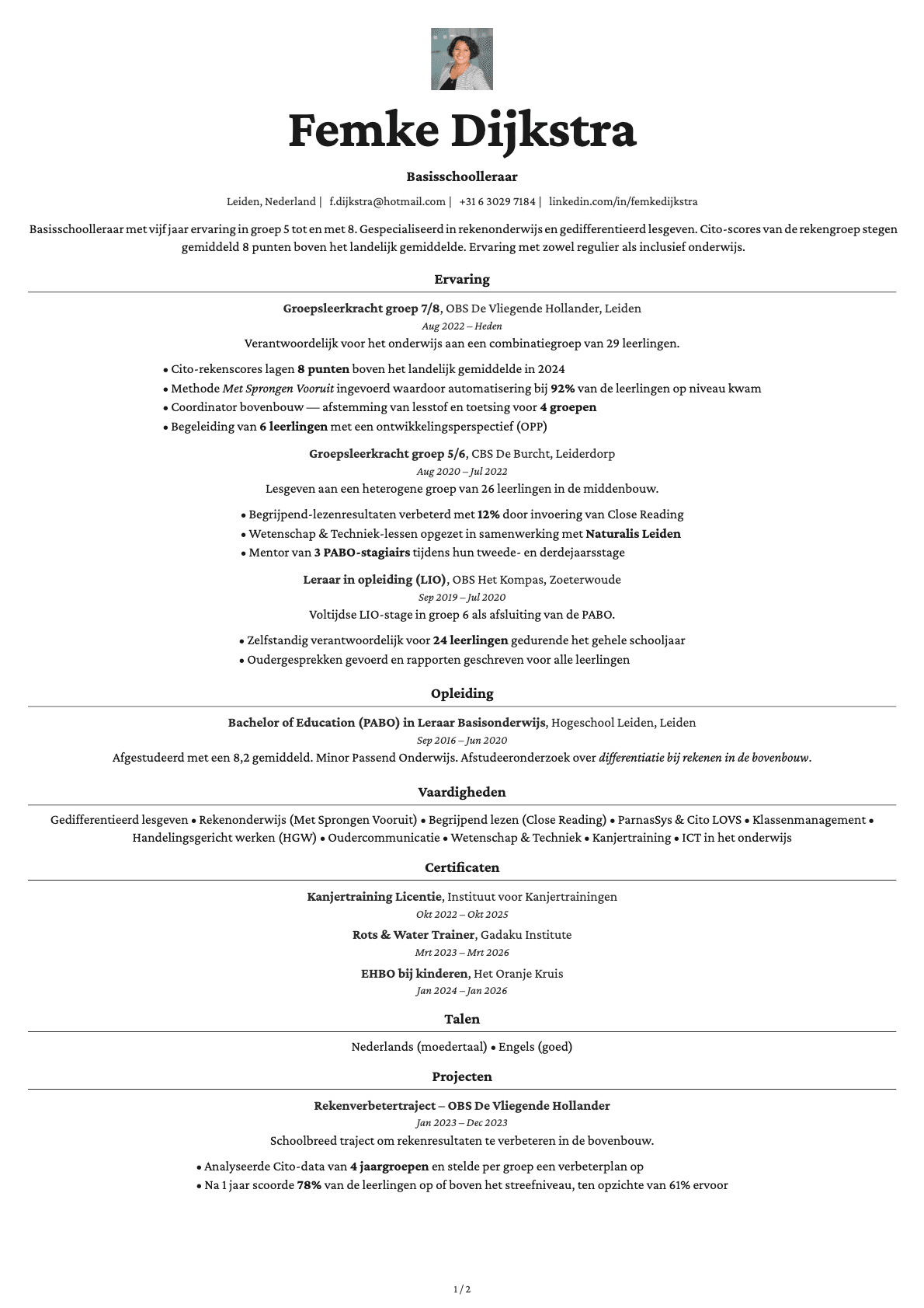 Basisschoolleraar resume example