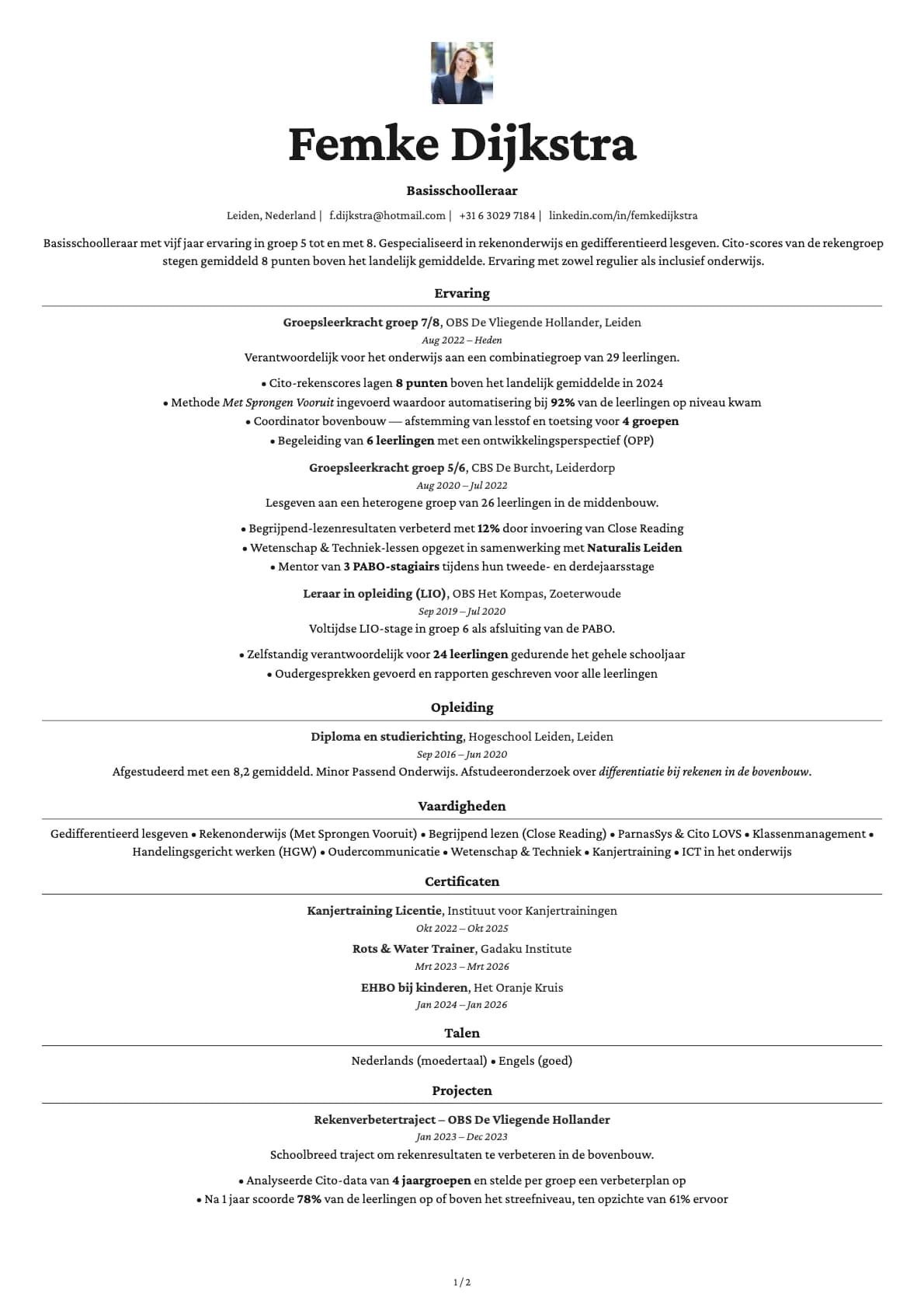 Basisschoolleraar resume example