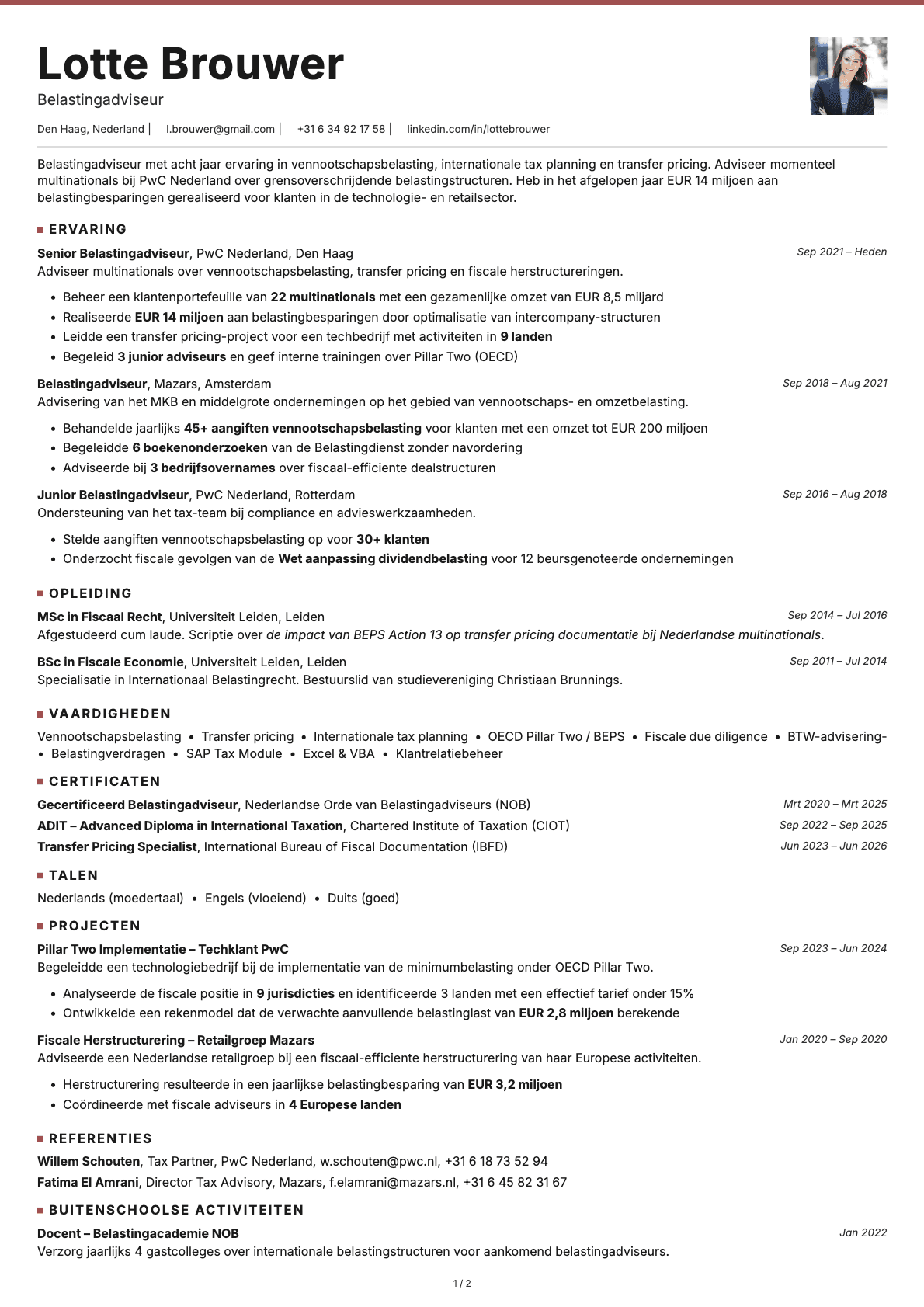 Belastingadviseur resume example