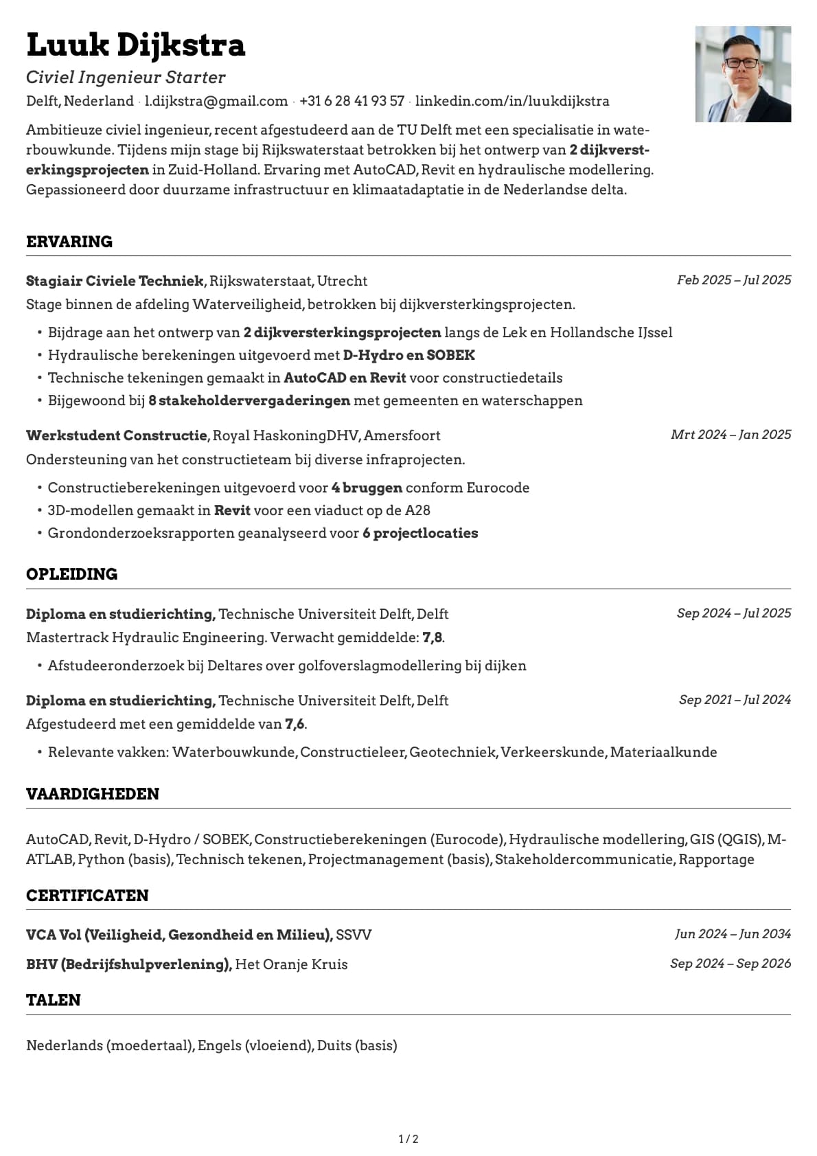 Civiel Ingenieur Starter resume example