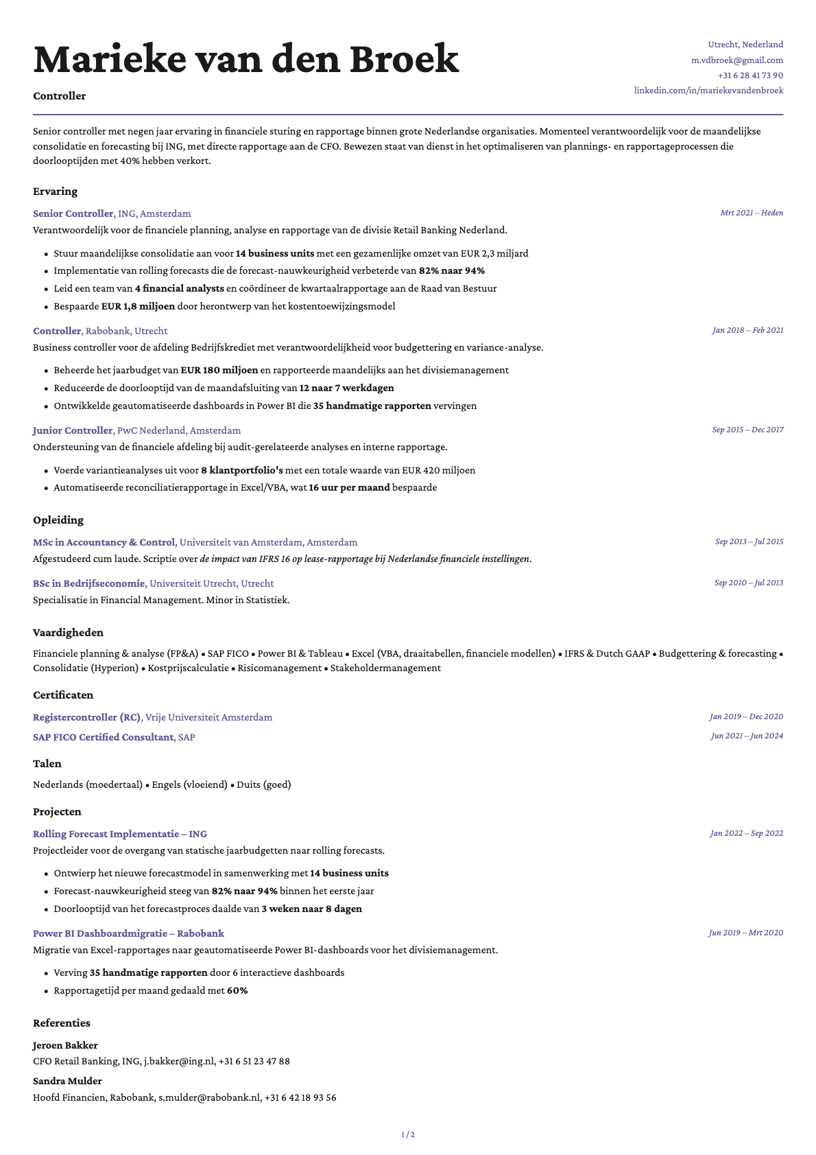 Controller resume example