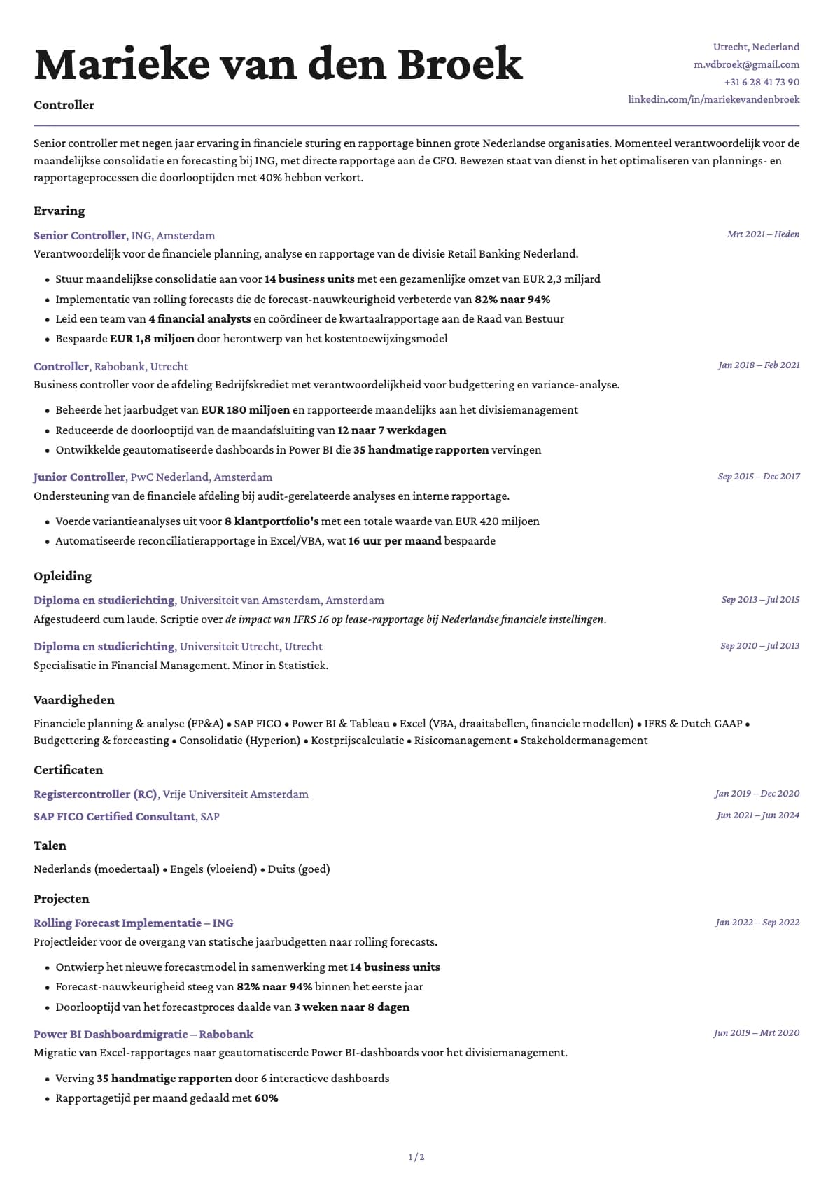 Controller resume example
