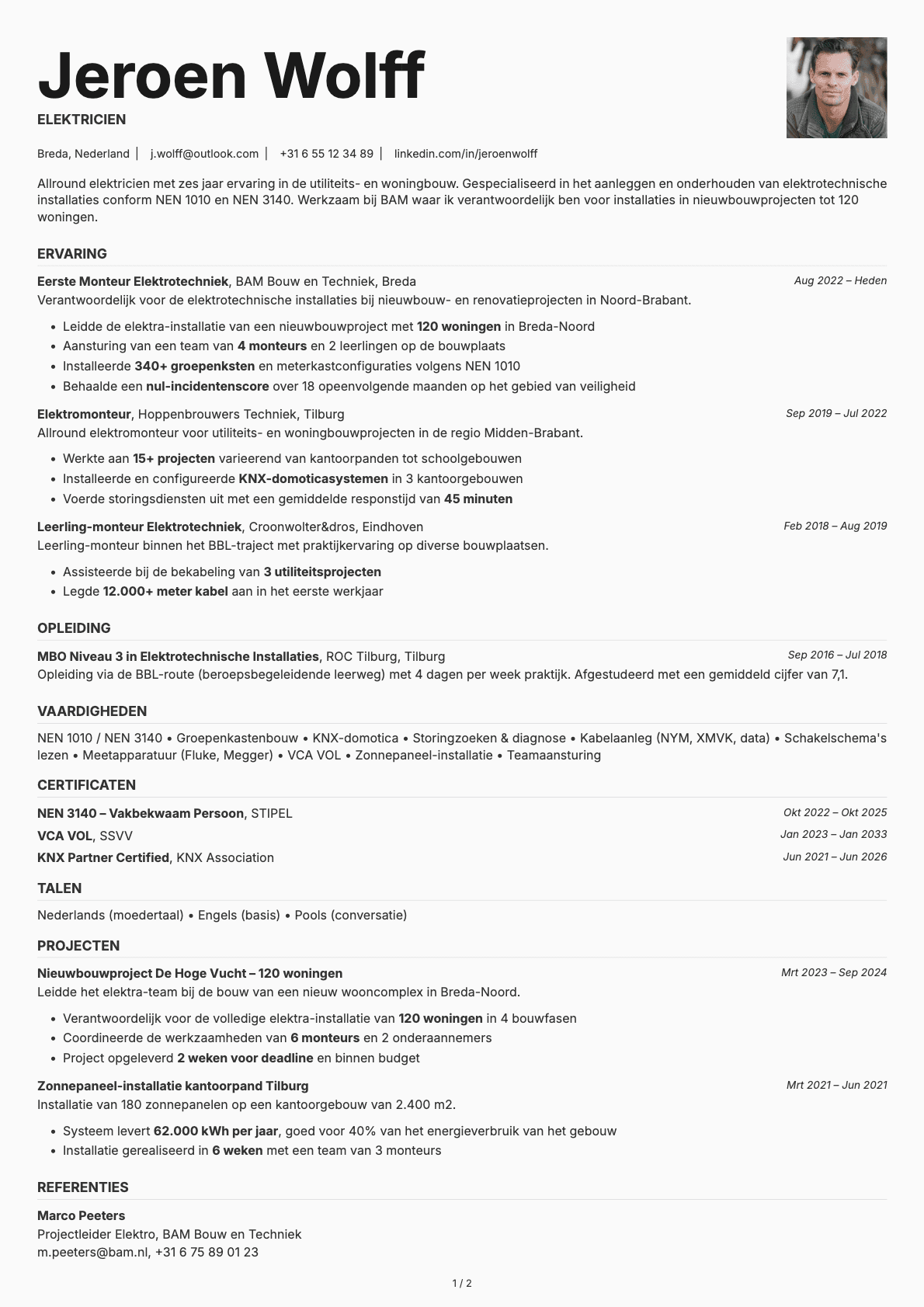Elektricien resume example