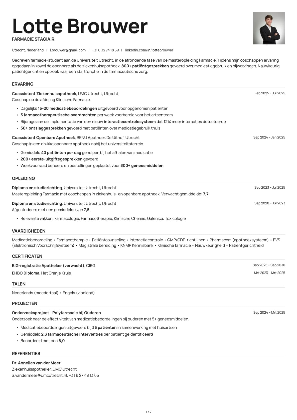 Farmacie Stagiair resume example