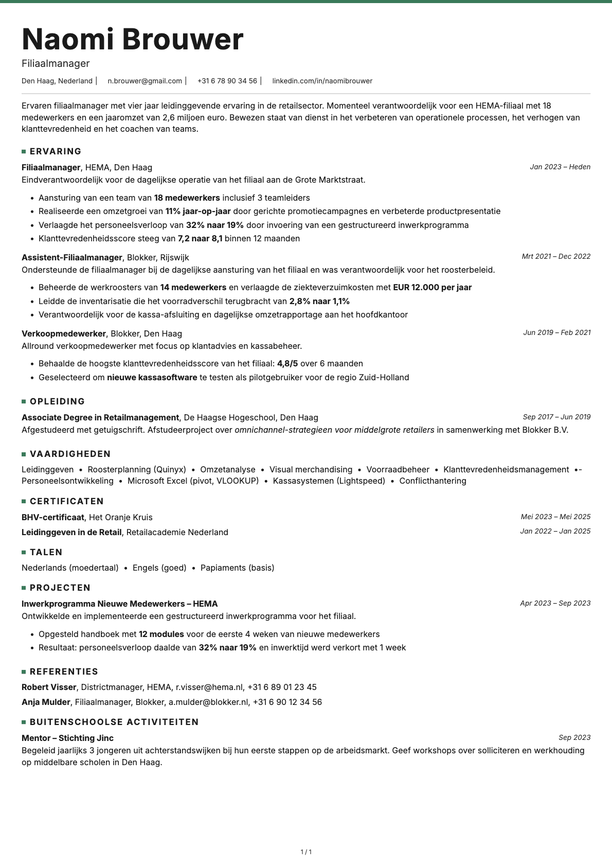 Filiaalmanager resume example
