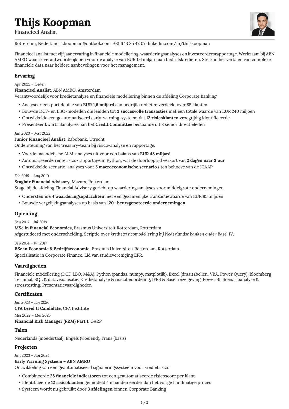 Financieel Analist resume example