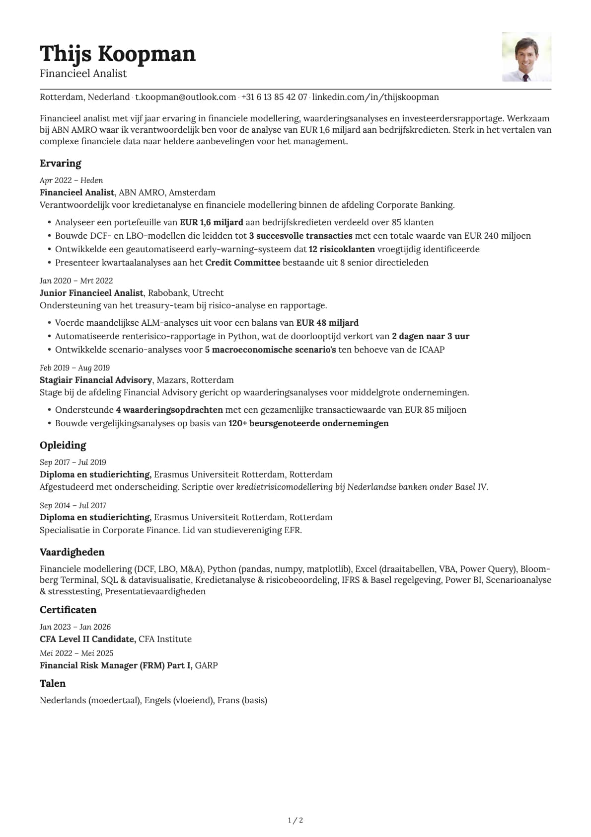 Financieel Analist resume example