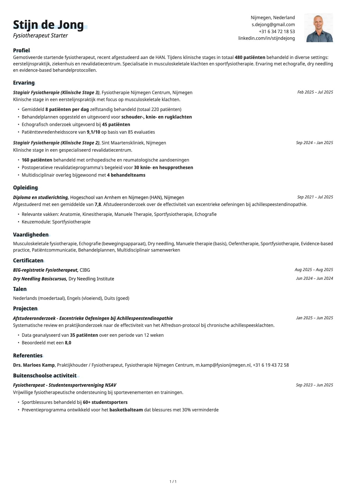 Fysiotherapeut Starter resume example