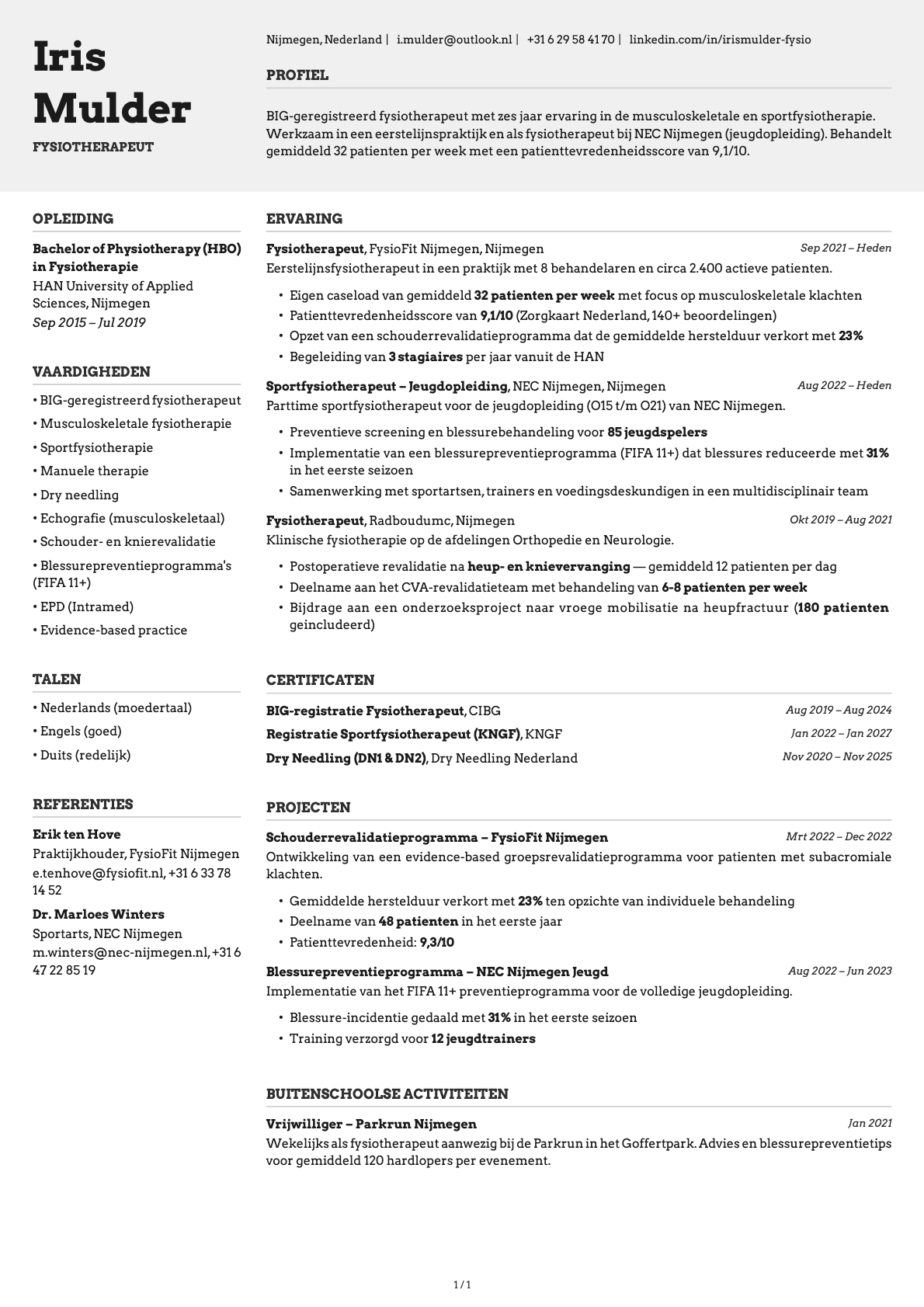 Fysiotherapeut resume example