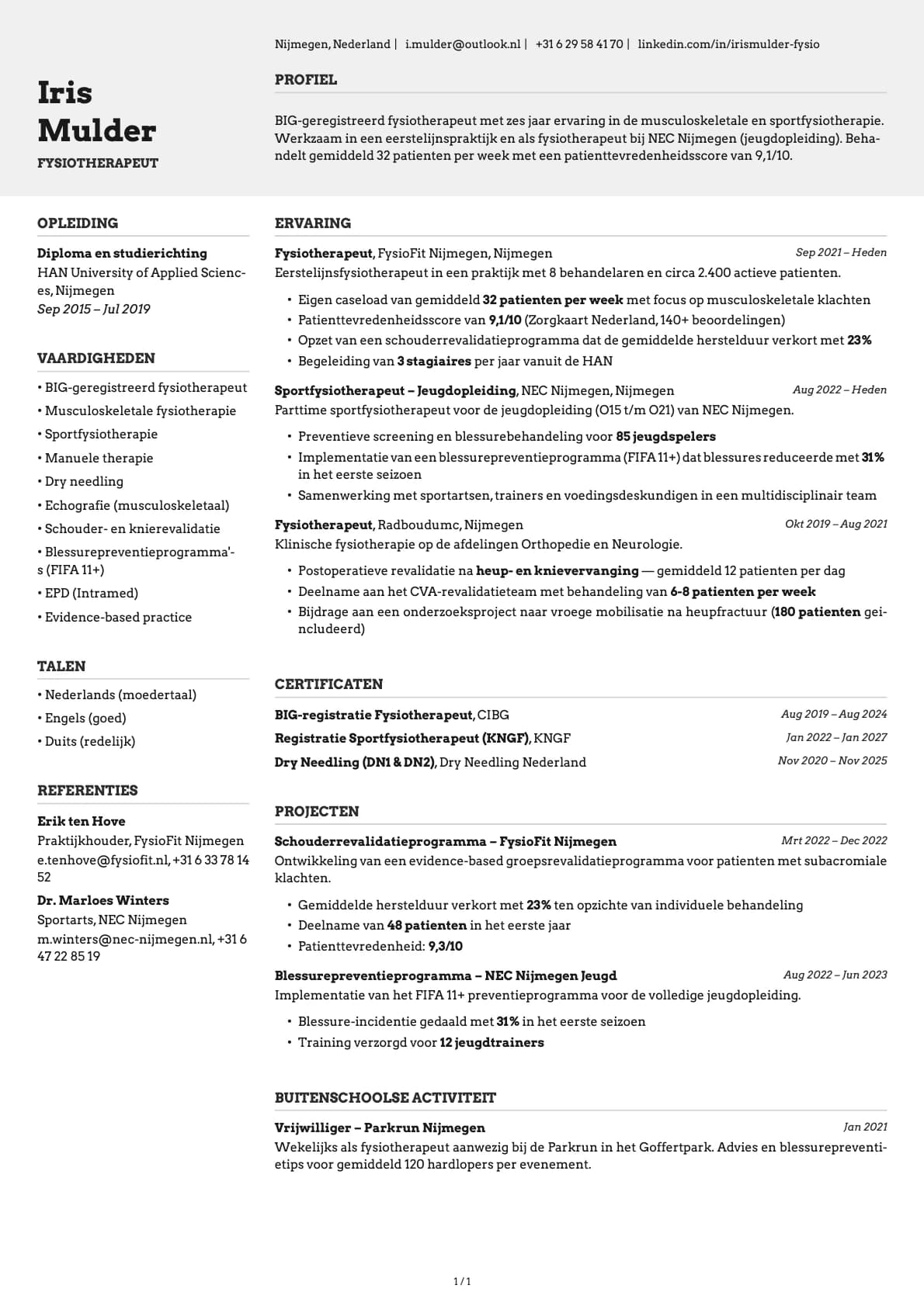 Fysiotherapeut resume example