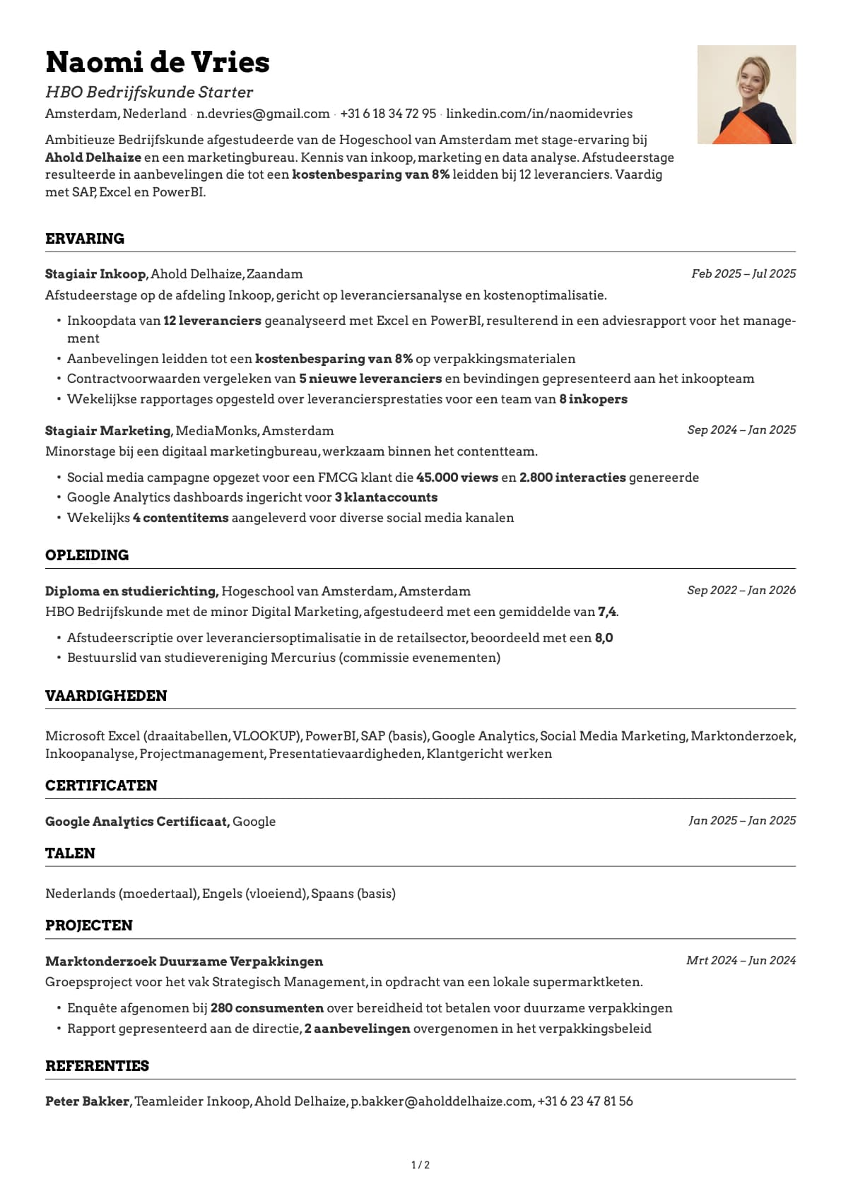 HBO Bedrijfskunde Starter resume example