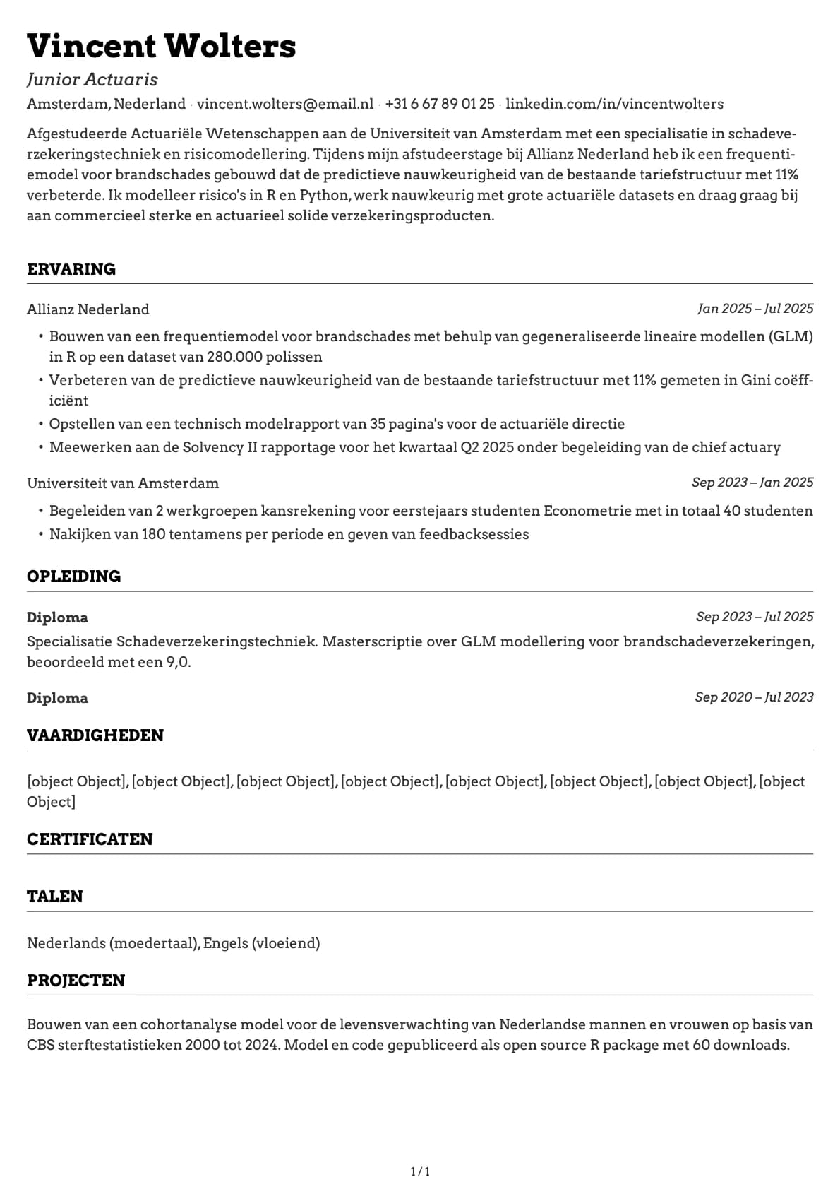 Junior Actuaris resume example