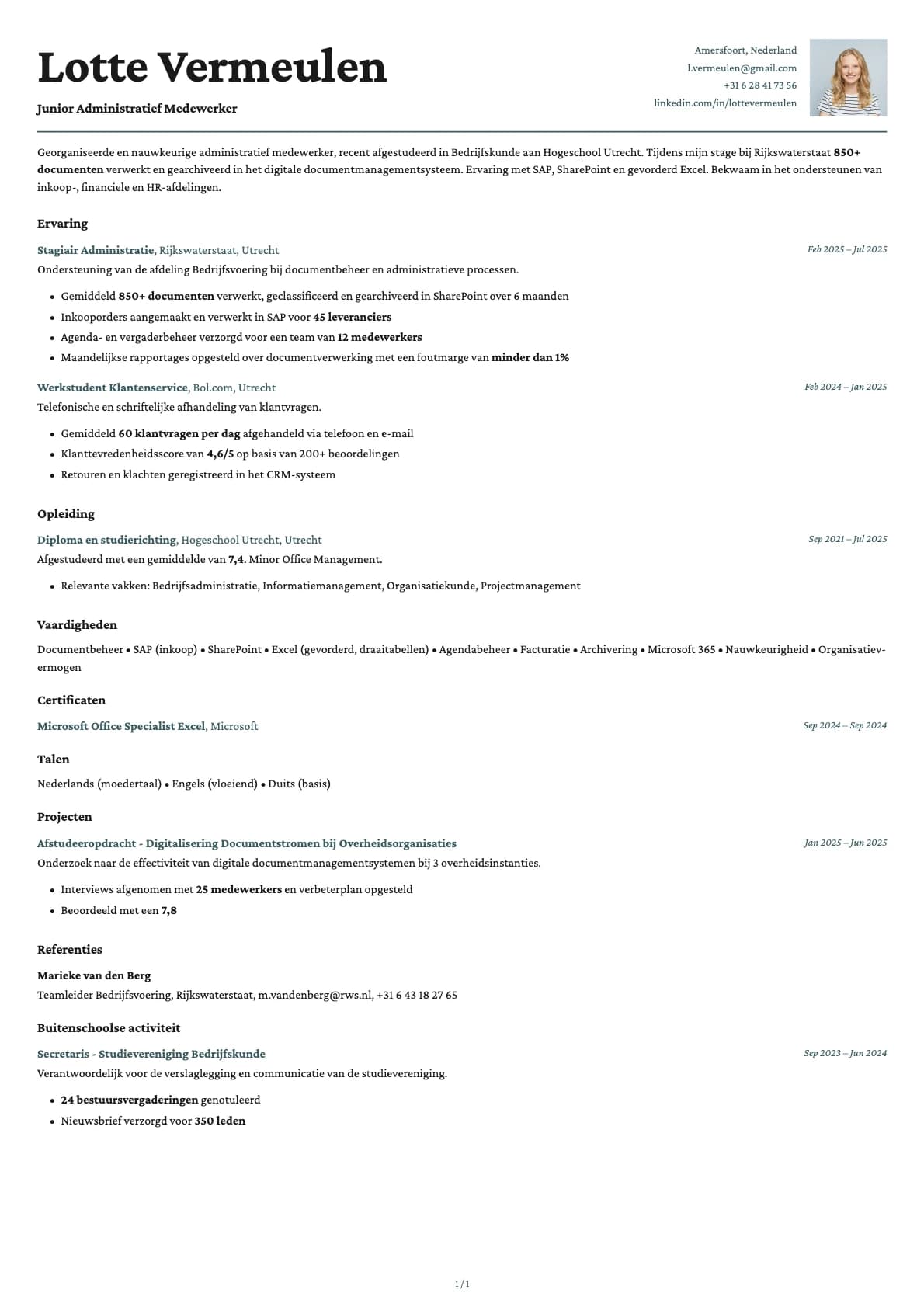 Junior Administratief Medewerker resume example