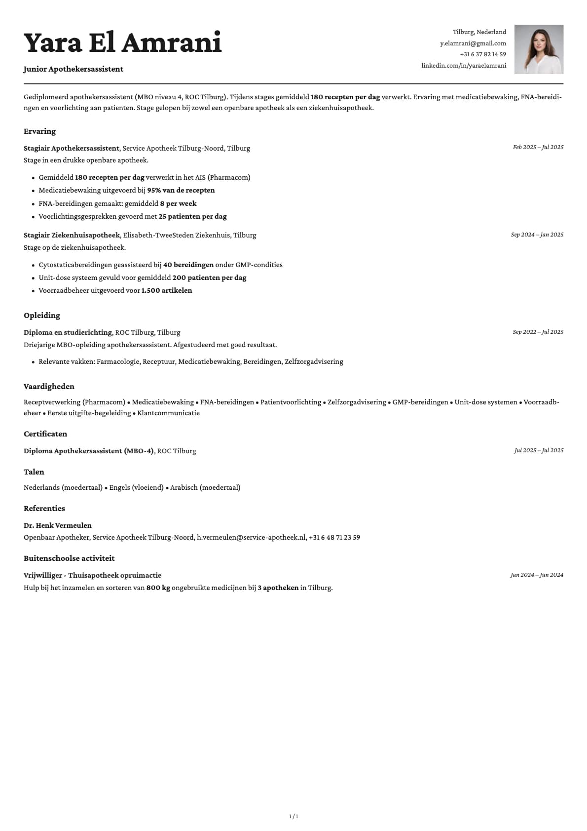 Junior Apothekersassistent resume example
