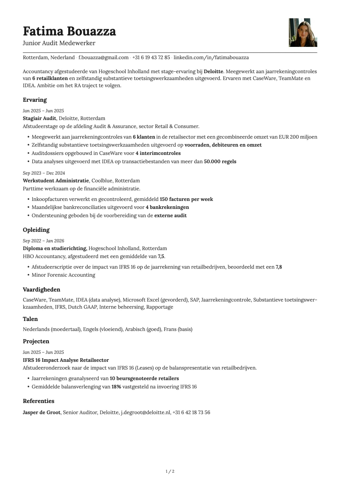 Junior Audit Medewerker resume example