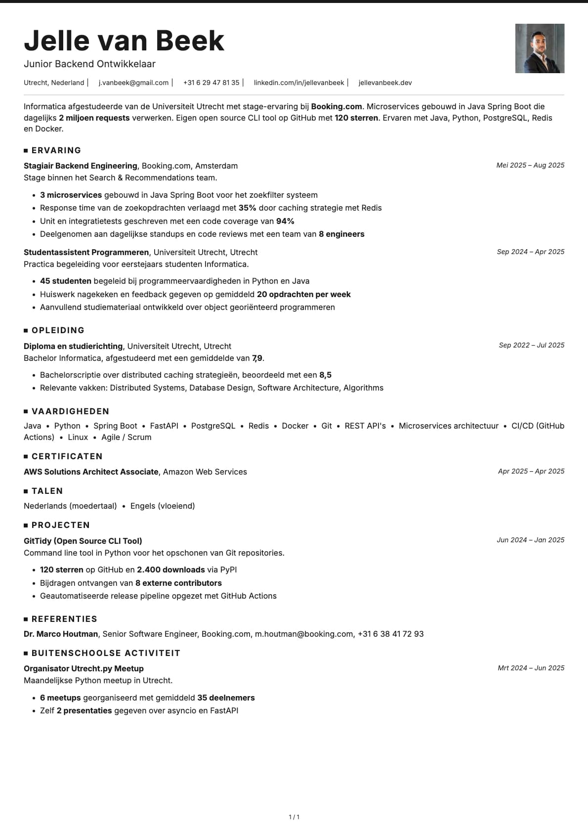 Junior Backend Ontwikkelaar resume example