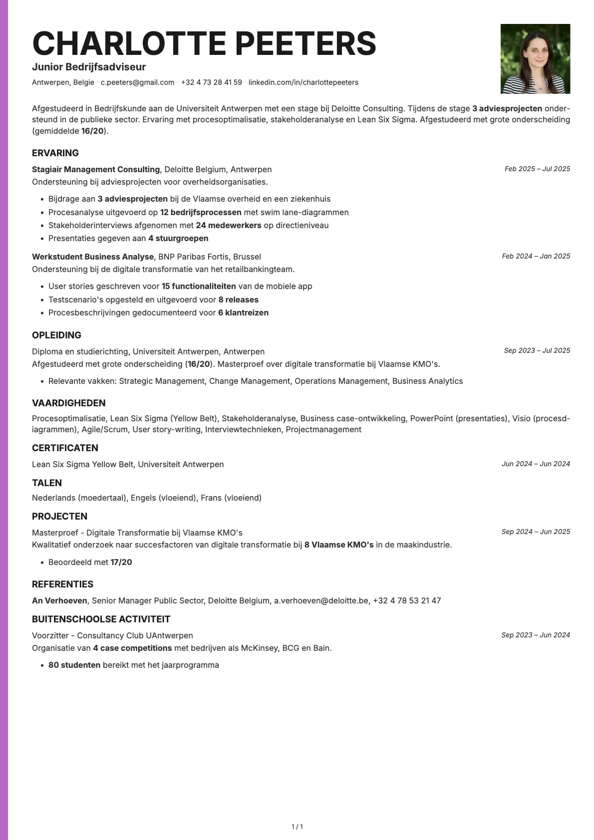 Junior Bedrijfsadviseur resume example