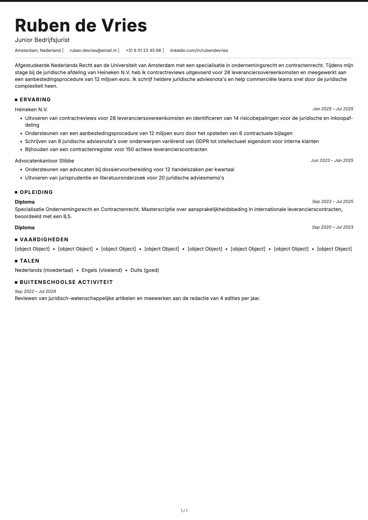 Junior Bedrijfsjurist resume example