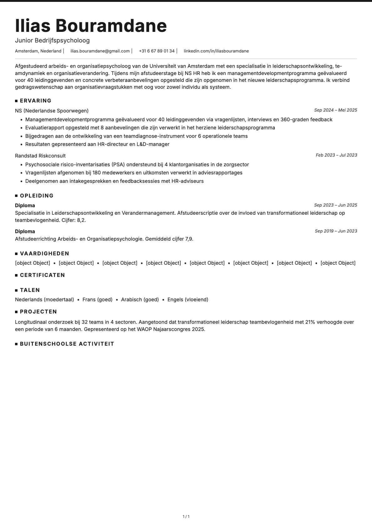 Junior Bedrijfspsycholoog resume example