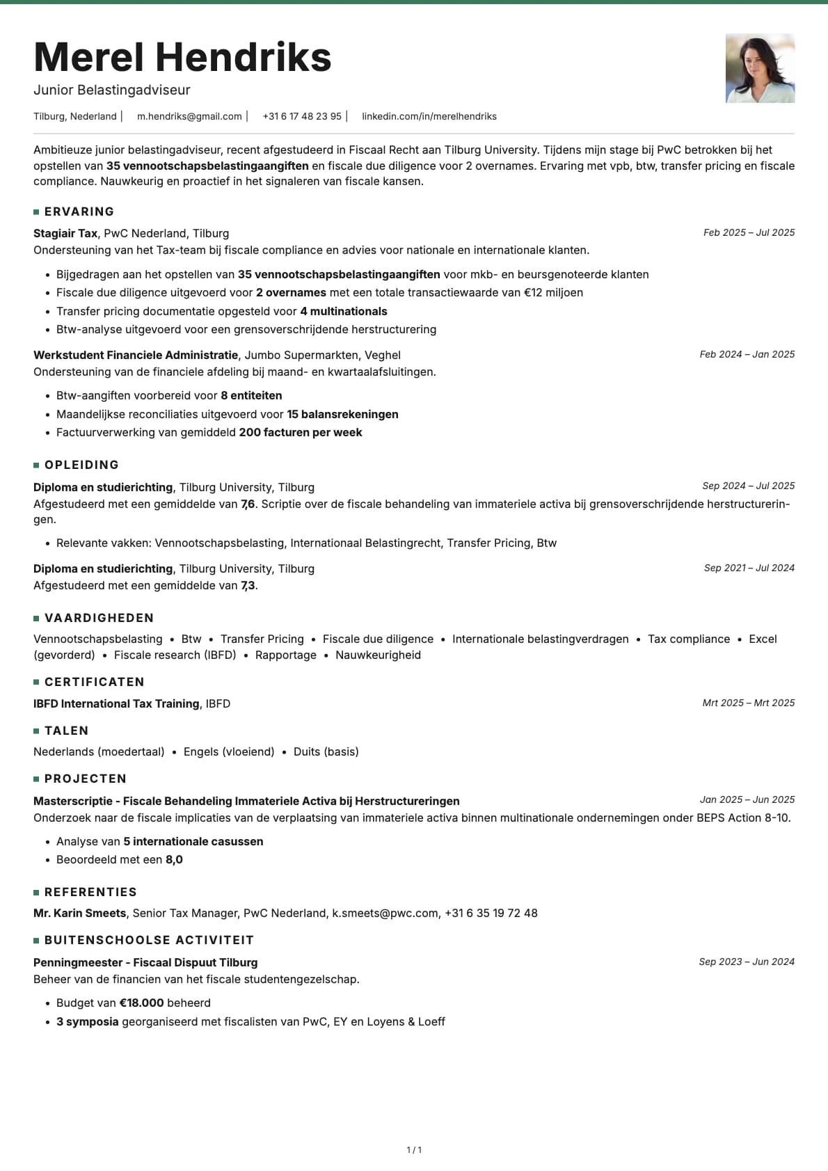Junior Belastingadviseur resume example