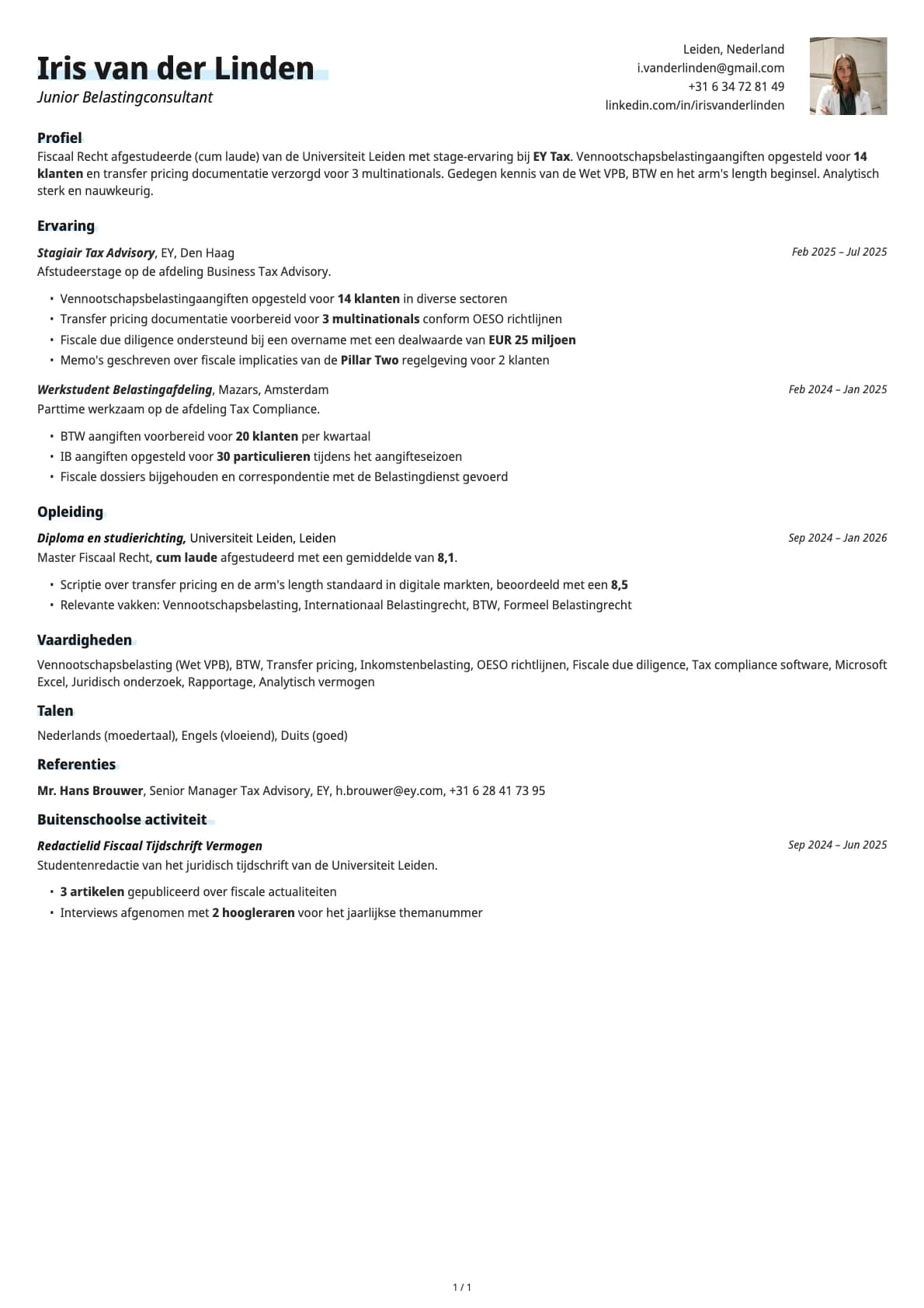 Junior Belastingconsultant resume example