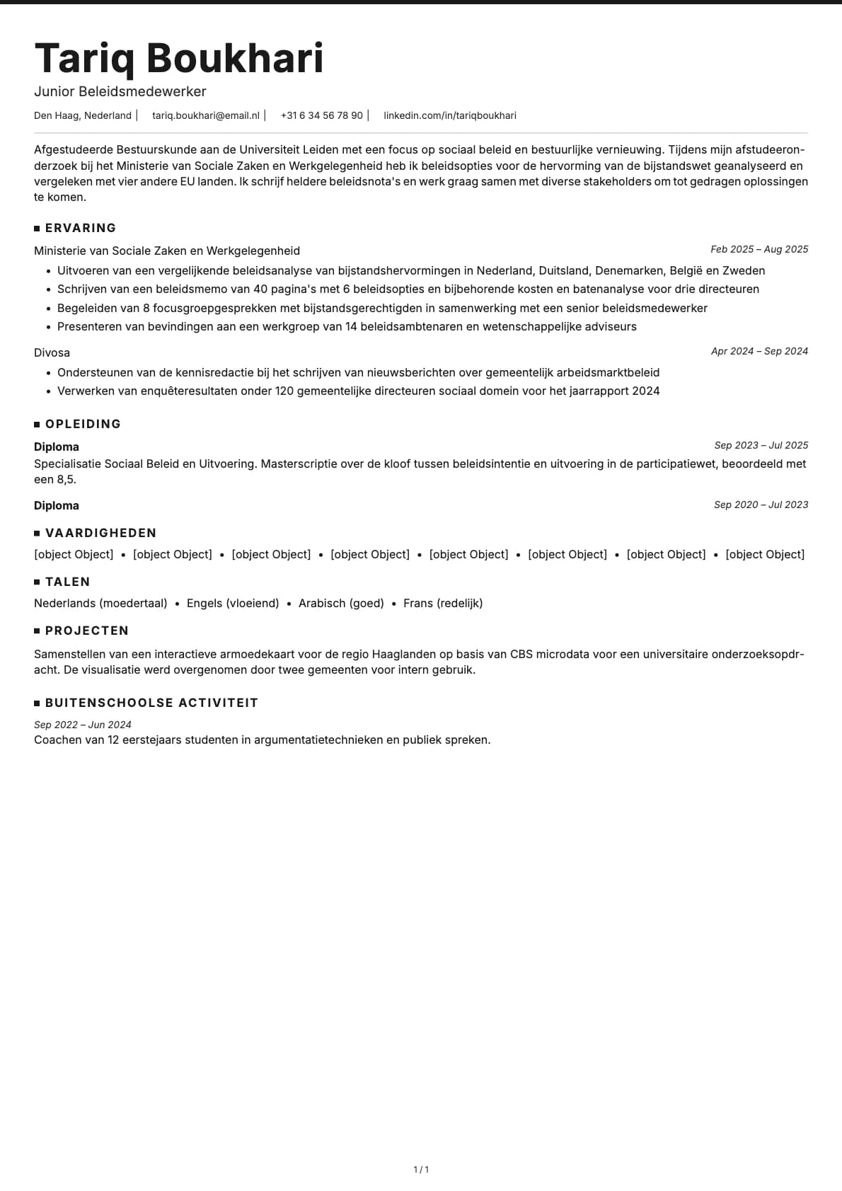 Junior Beleidsmedewerker resume example