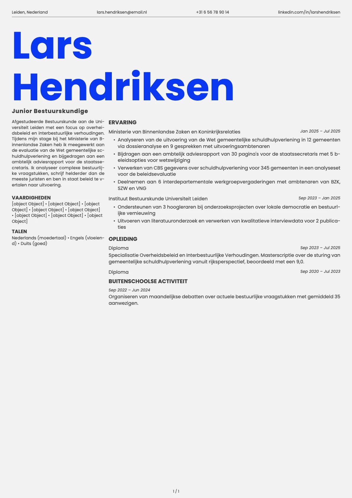 Junior Bestuurskundige resume example