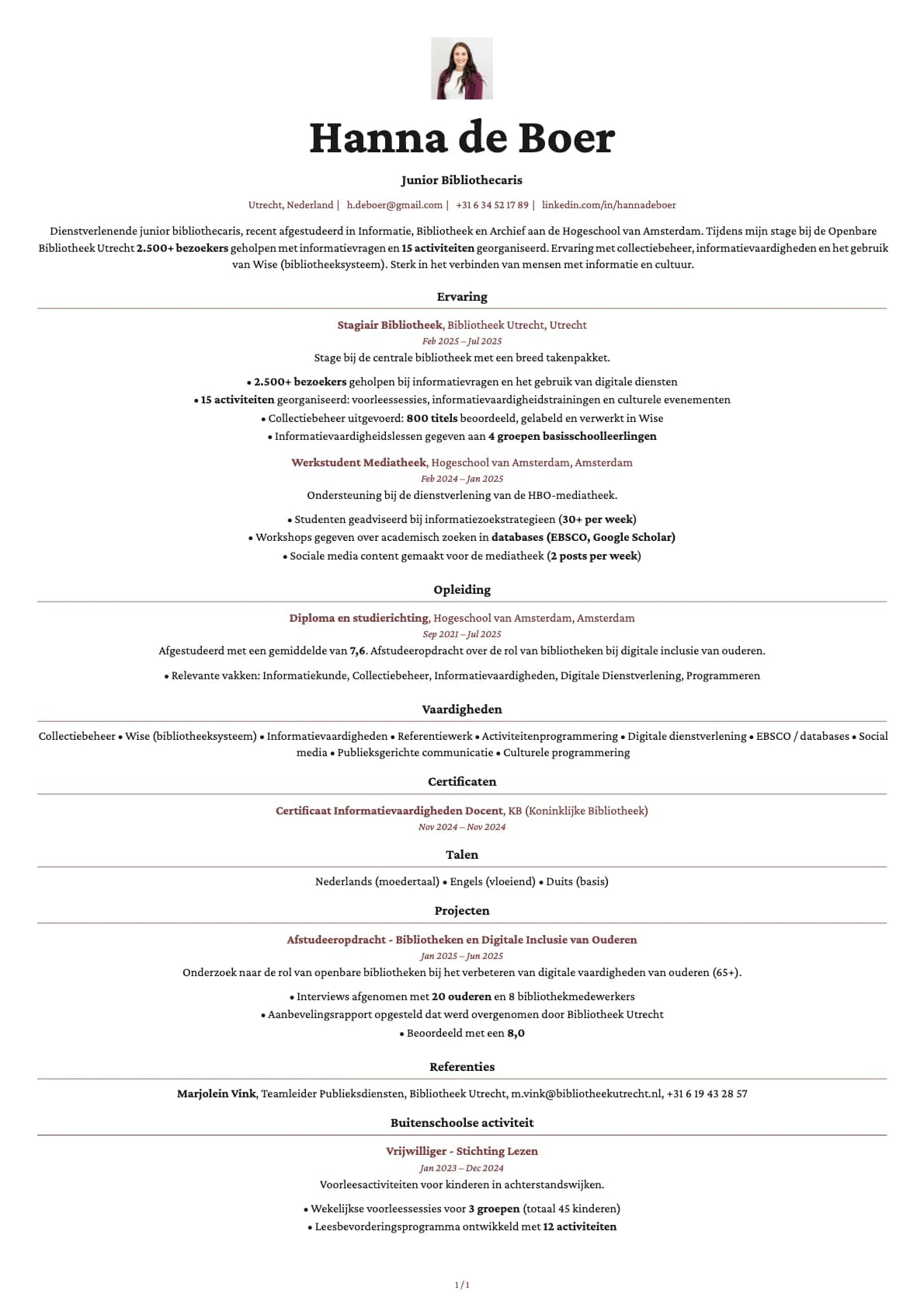 Junior Bibliothecaris resume example