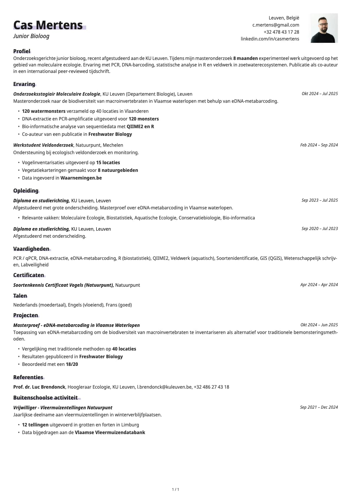 Junior Bioloog resume example