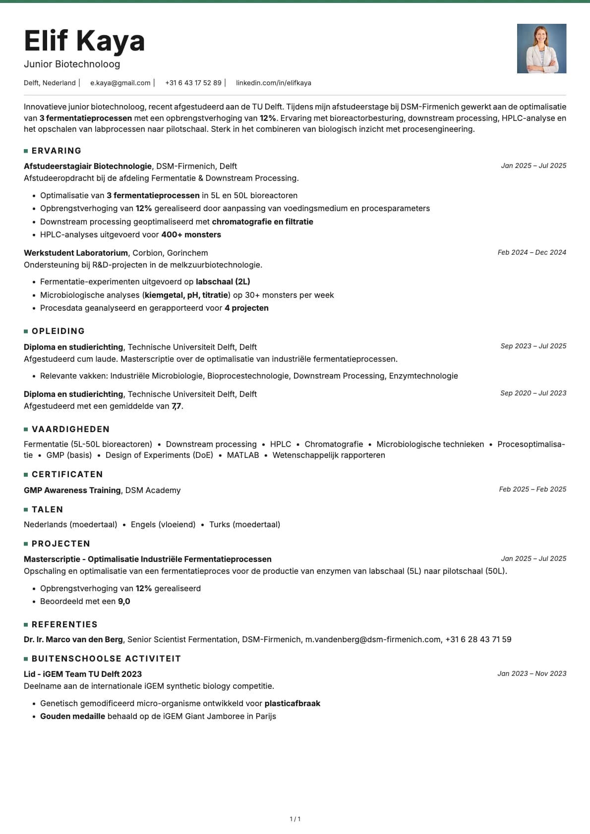 Junior Biotechnoloog resume example