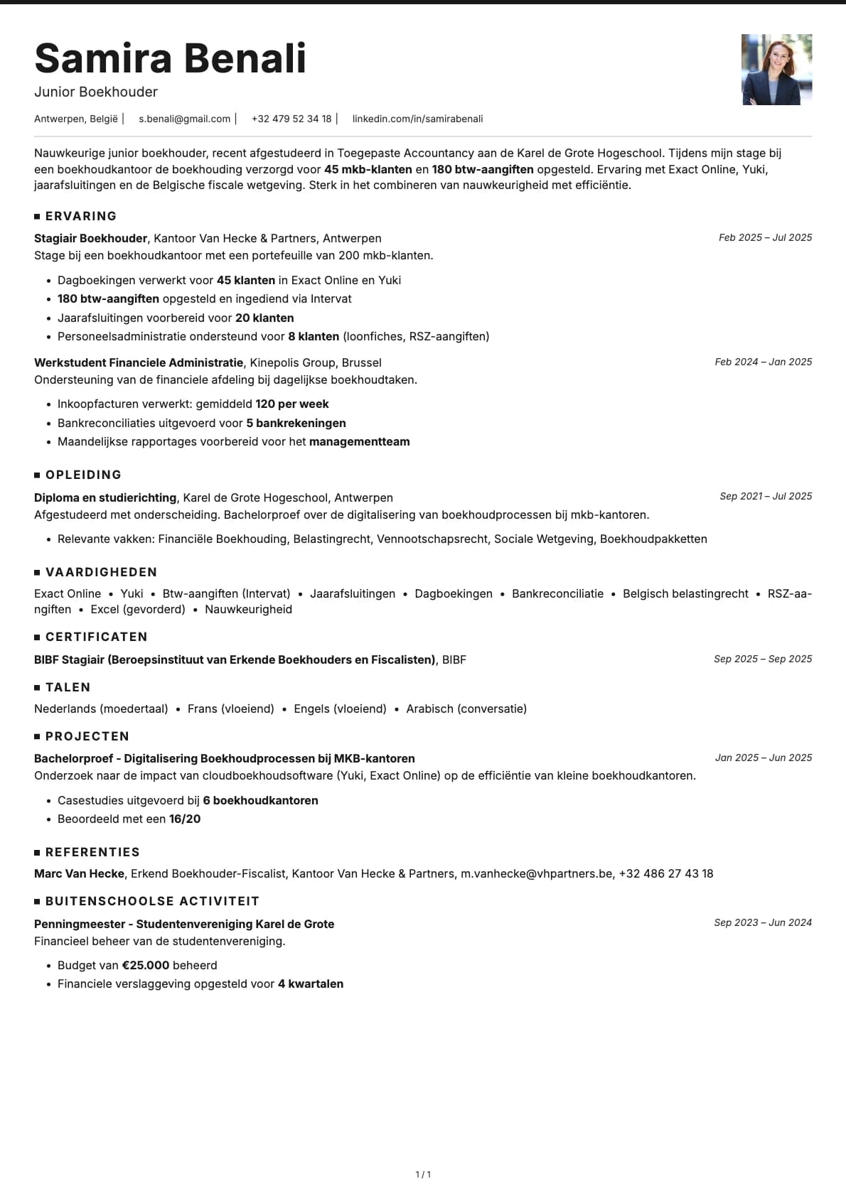 Junior Boekhouder resume example