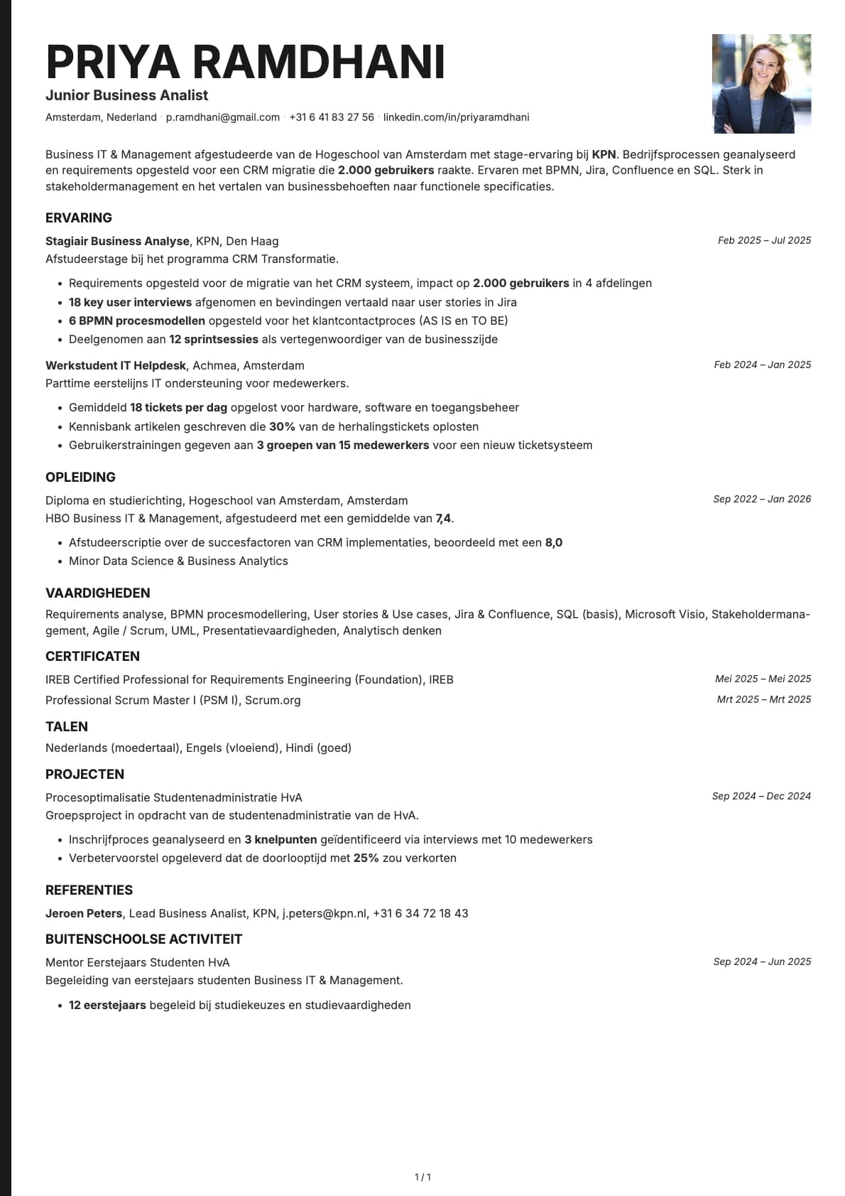 Junior Business Analist resume example