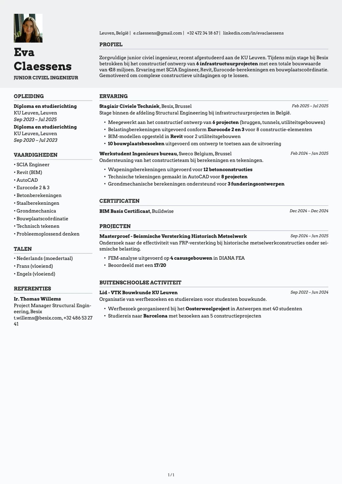Junior Civiel Ingenieur resume example
