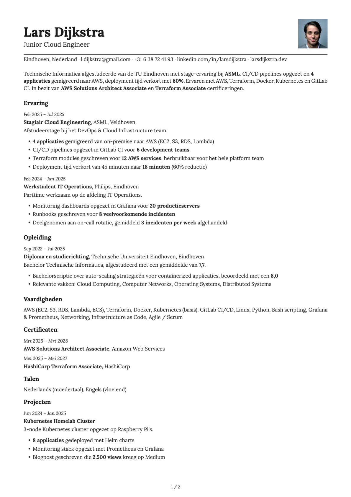 Junior Cloud Engineer resume example