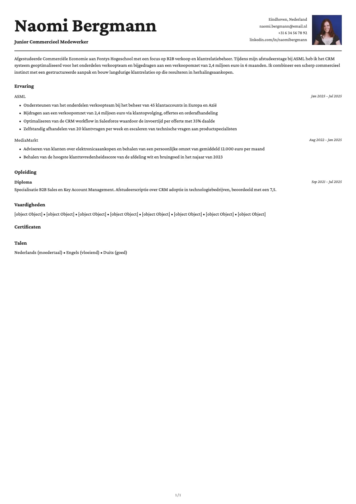 Junior Commercieel Medewerker resume example