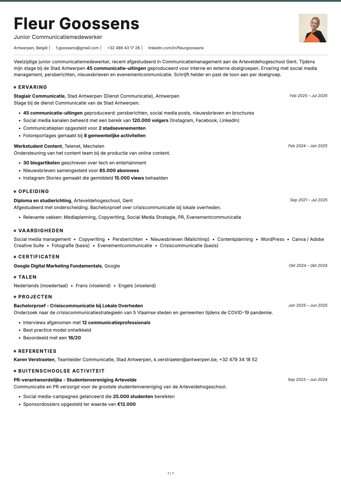 Junior Communicatiemedewerker resume example