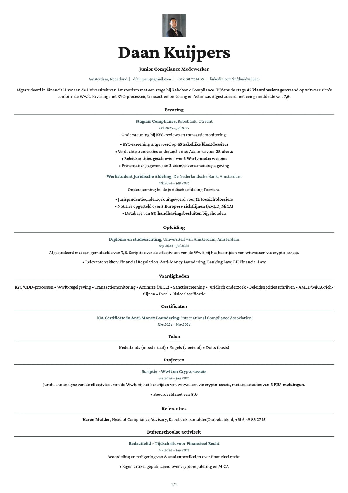Junior Compliance Medewerker resume example