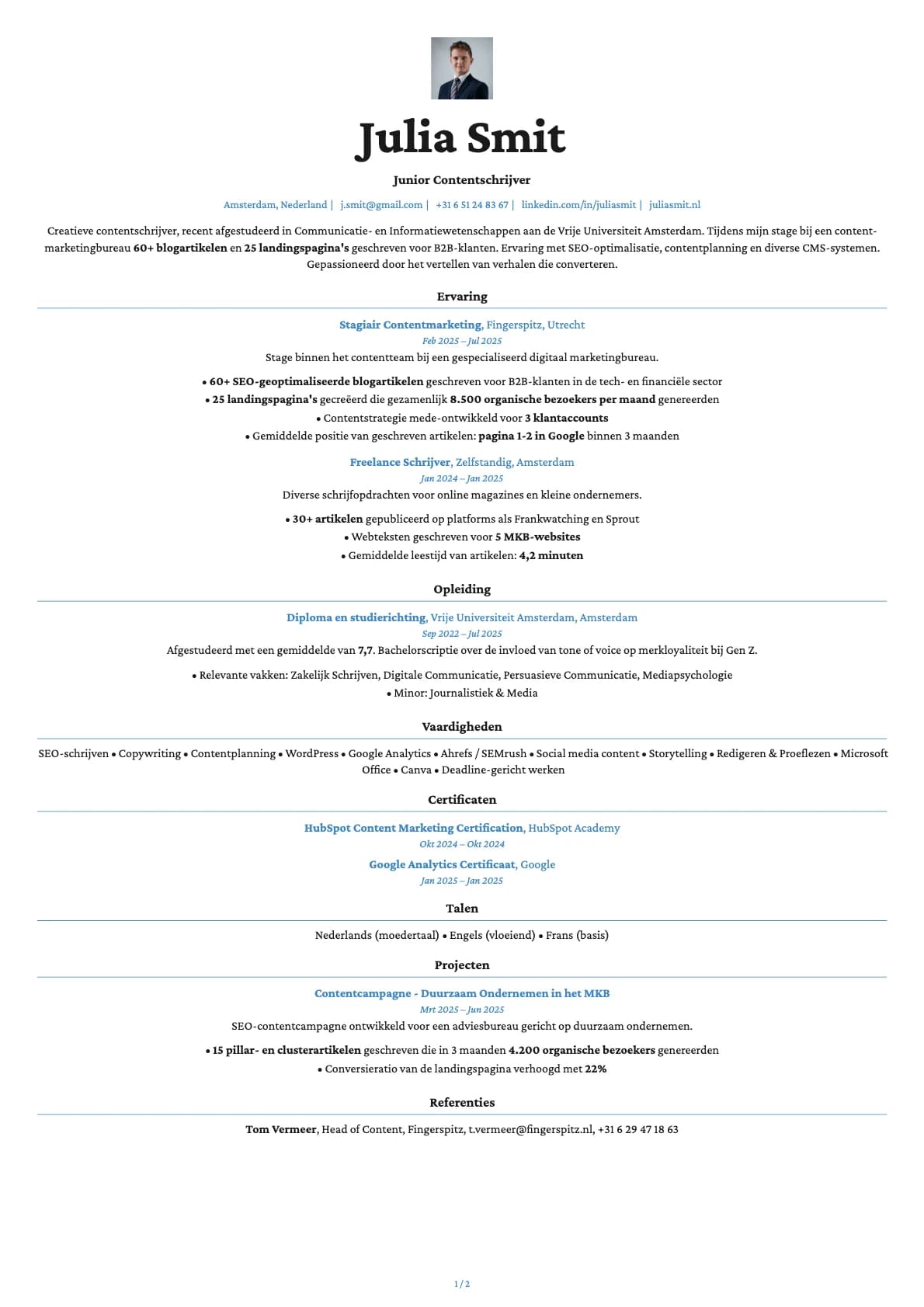 Junior Contentschrijver resume example