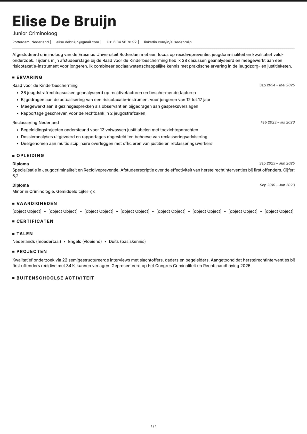 Junior Criminoloog resume example