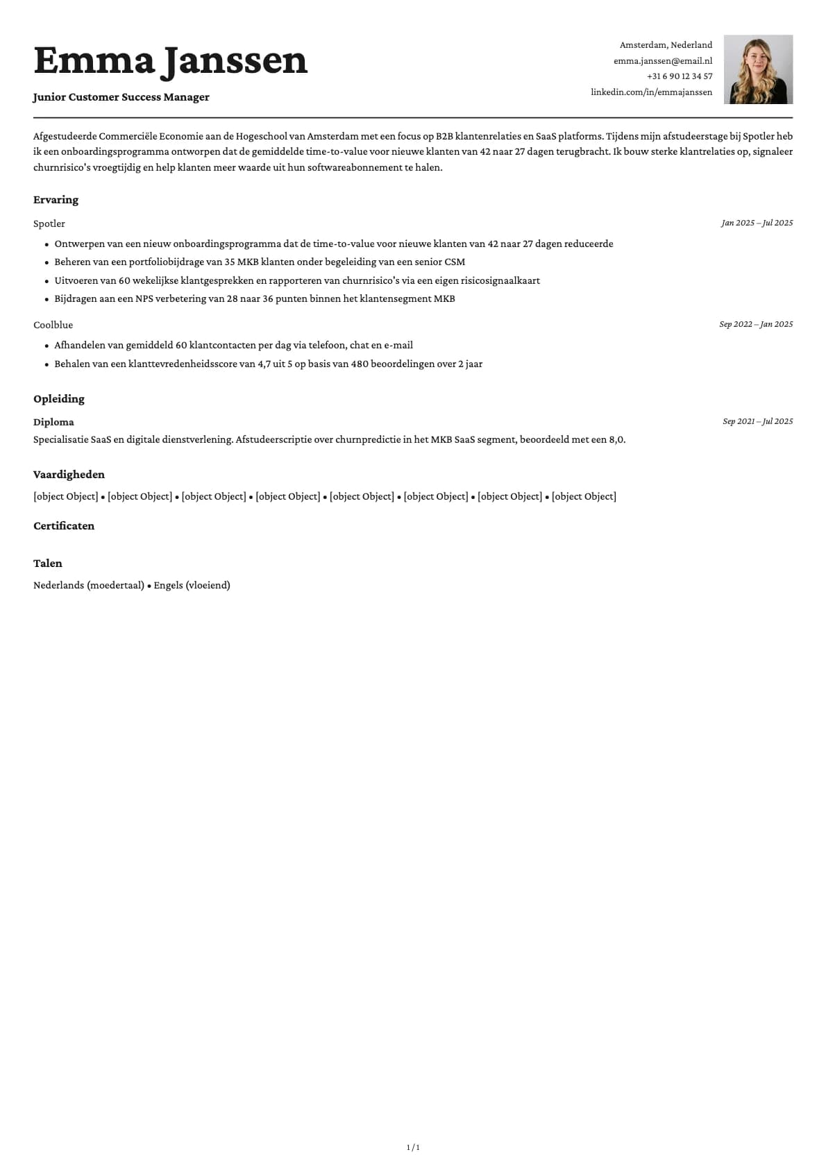 Junior Customer Success Manager resume example