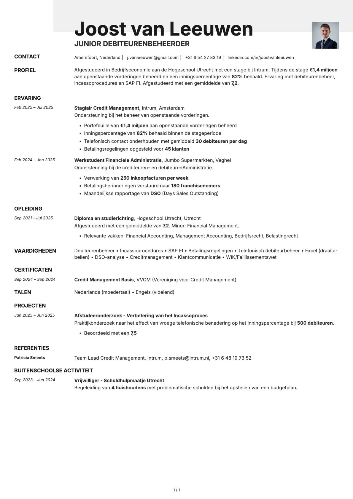 Junior Debiteurenbeheerder resume example