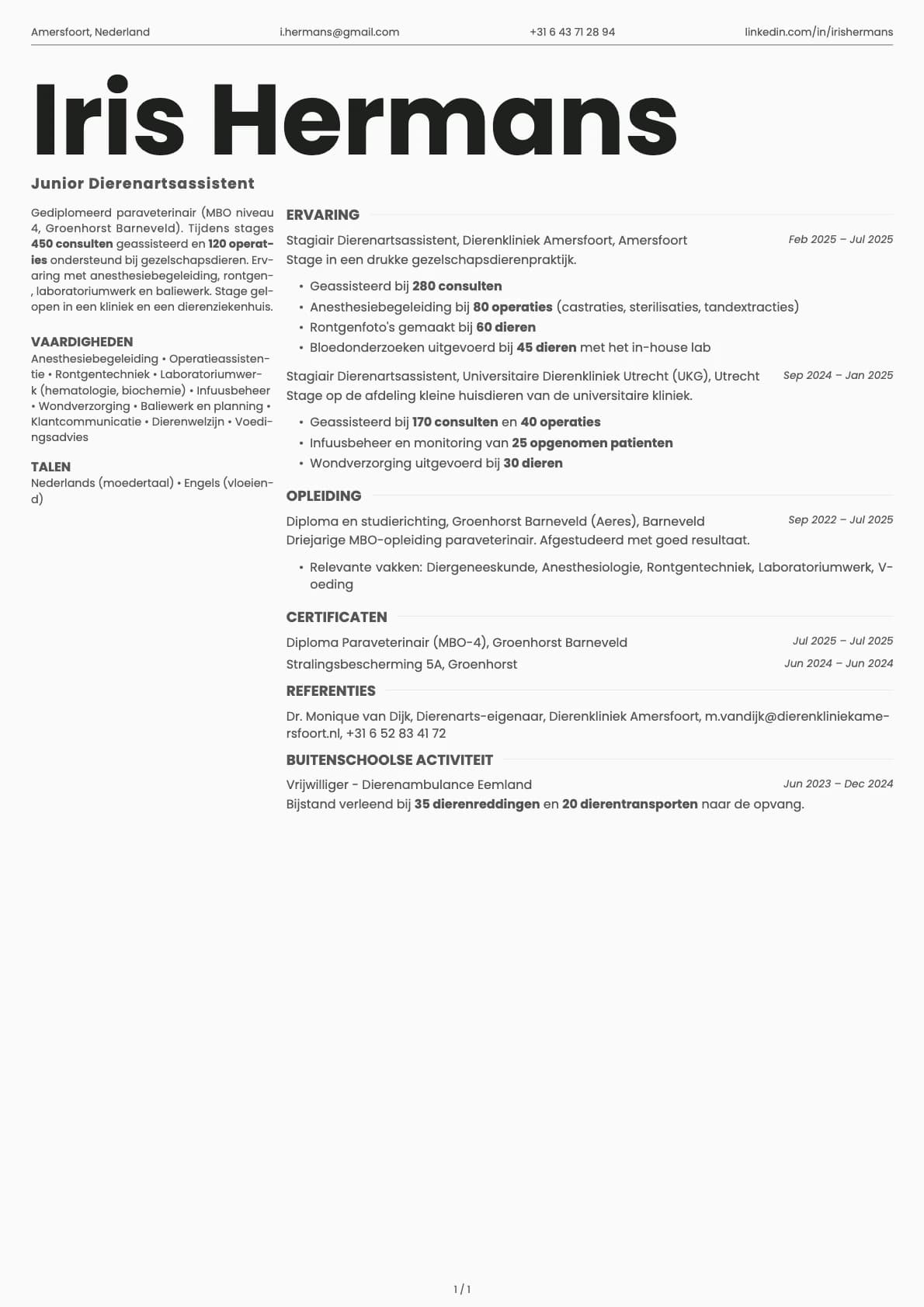 Junior Dierenartsassistent resume example