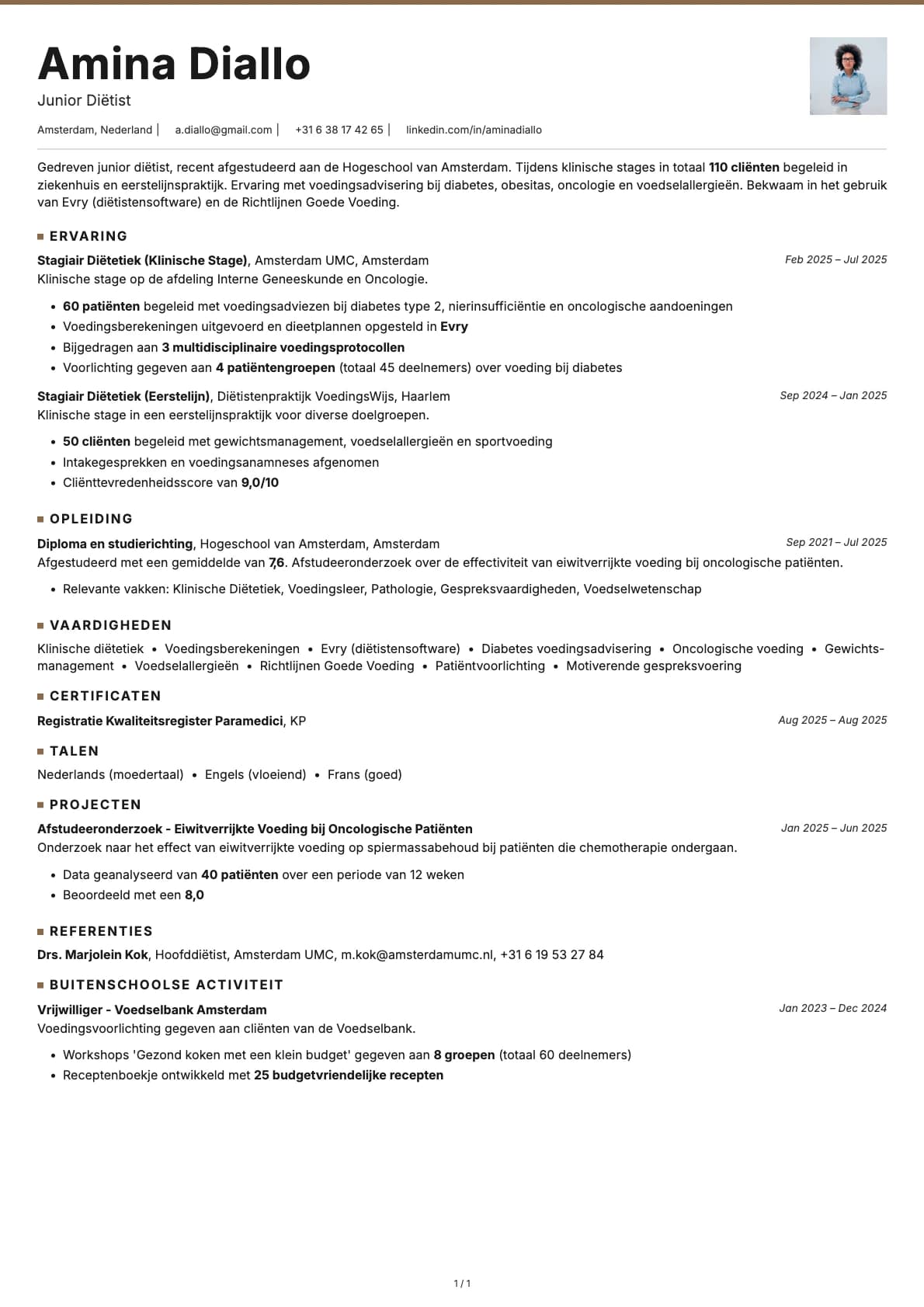 Junior Diëtist resume example