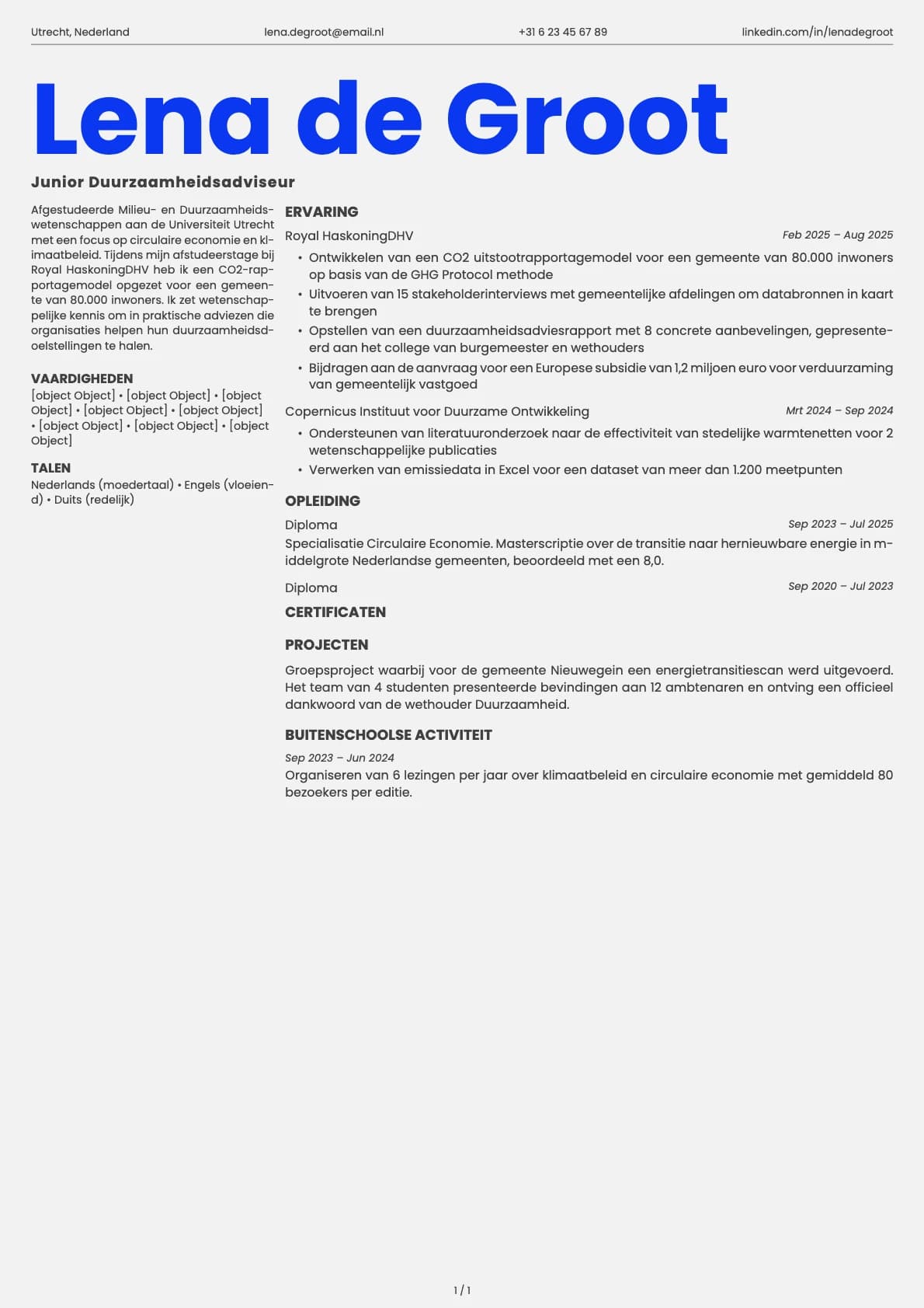 Junior Duurzaamheidsadviseur resume example