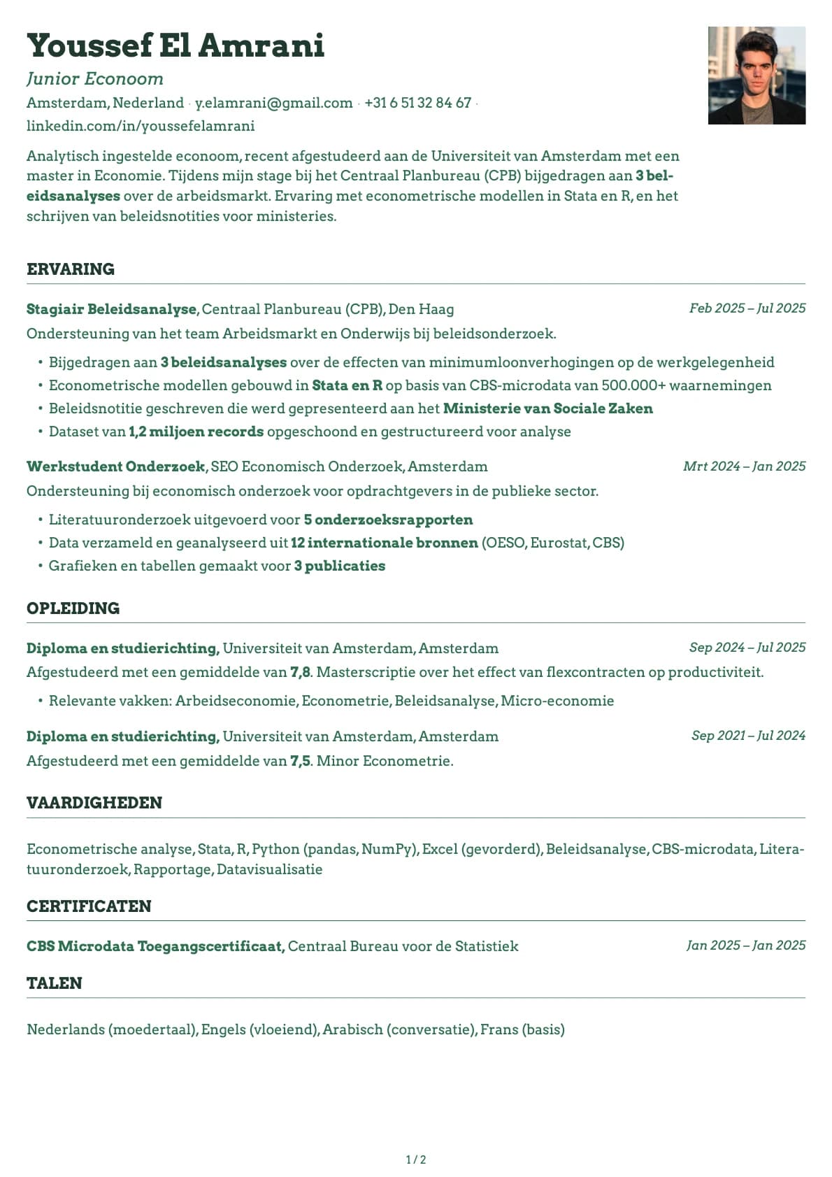 Junior Econoom resume example