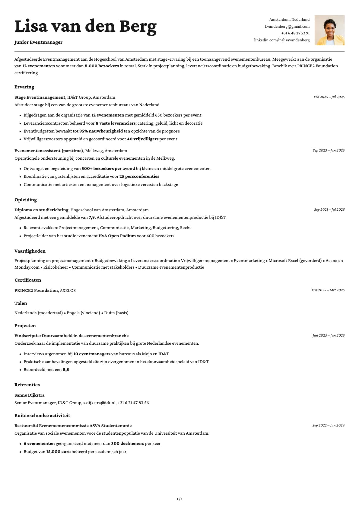 Junior Eventmanager resume example