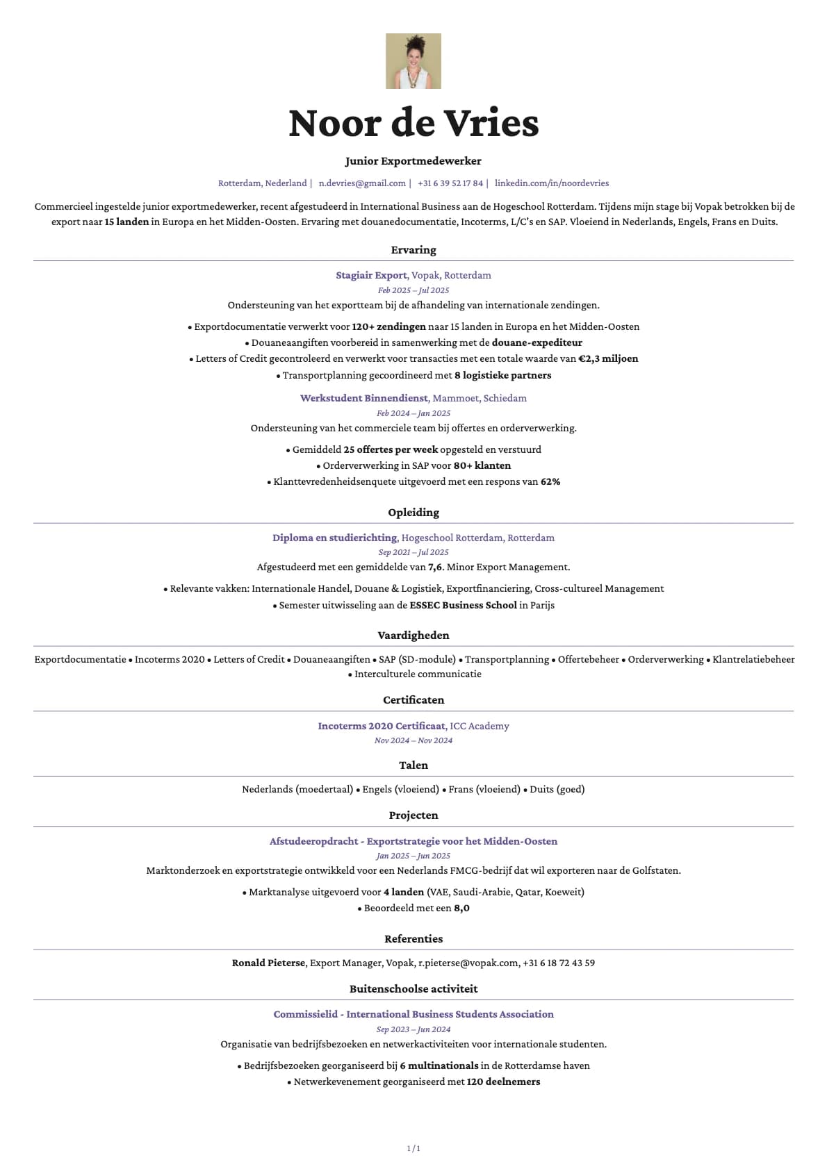 Junior Exportmedewerker resume example